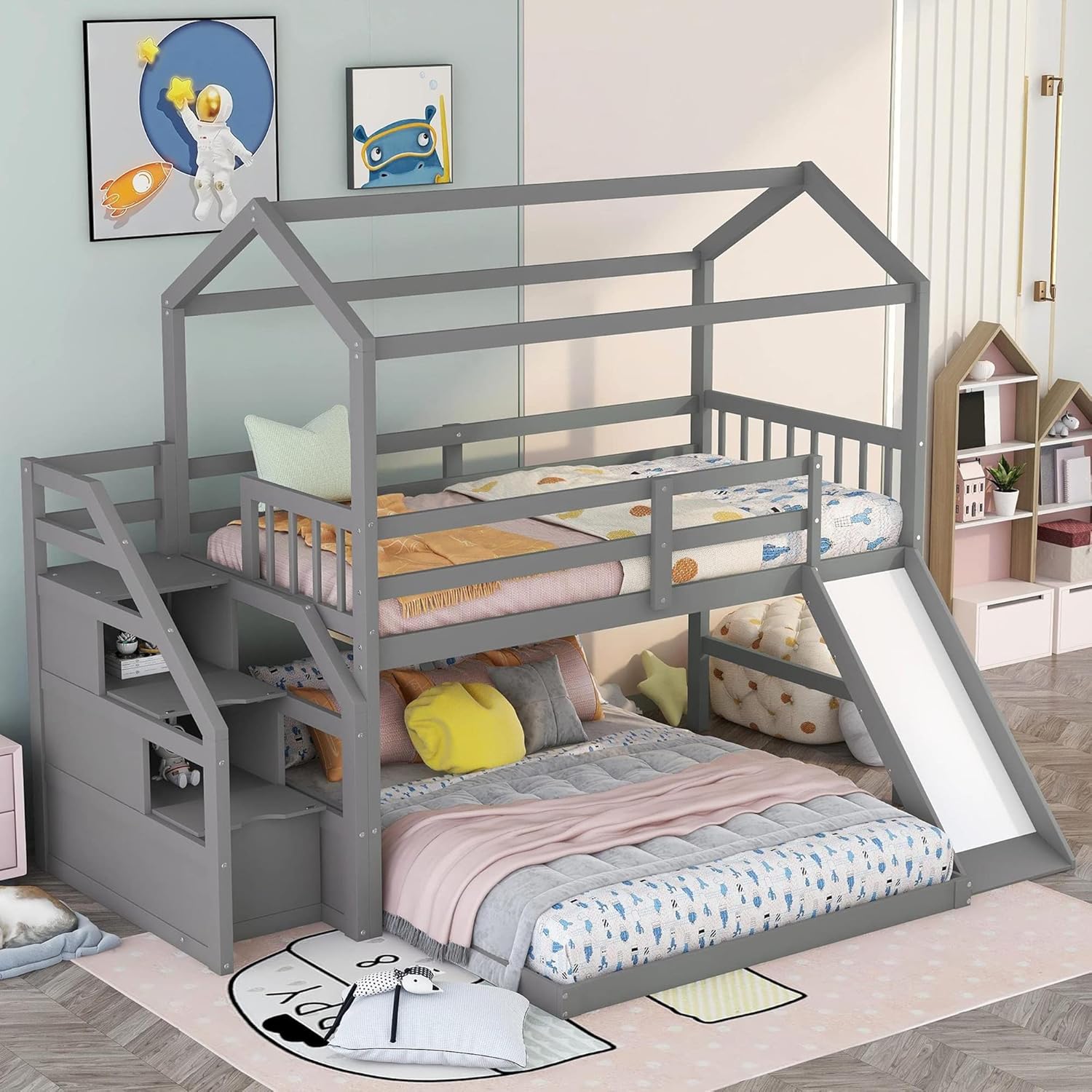 Buy Twin Over Full Bunk Bed with Stairs House Bunk Beds with Slide Wood Playhouse Bunk Frame for