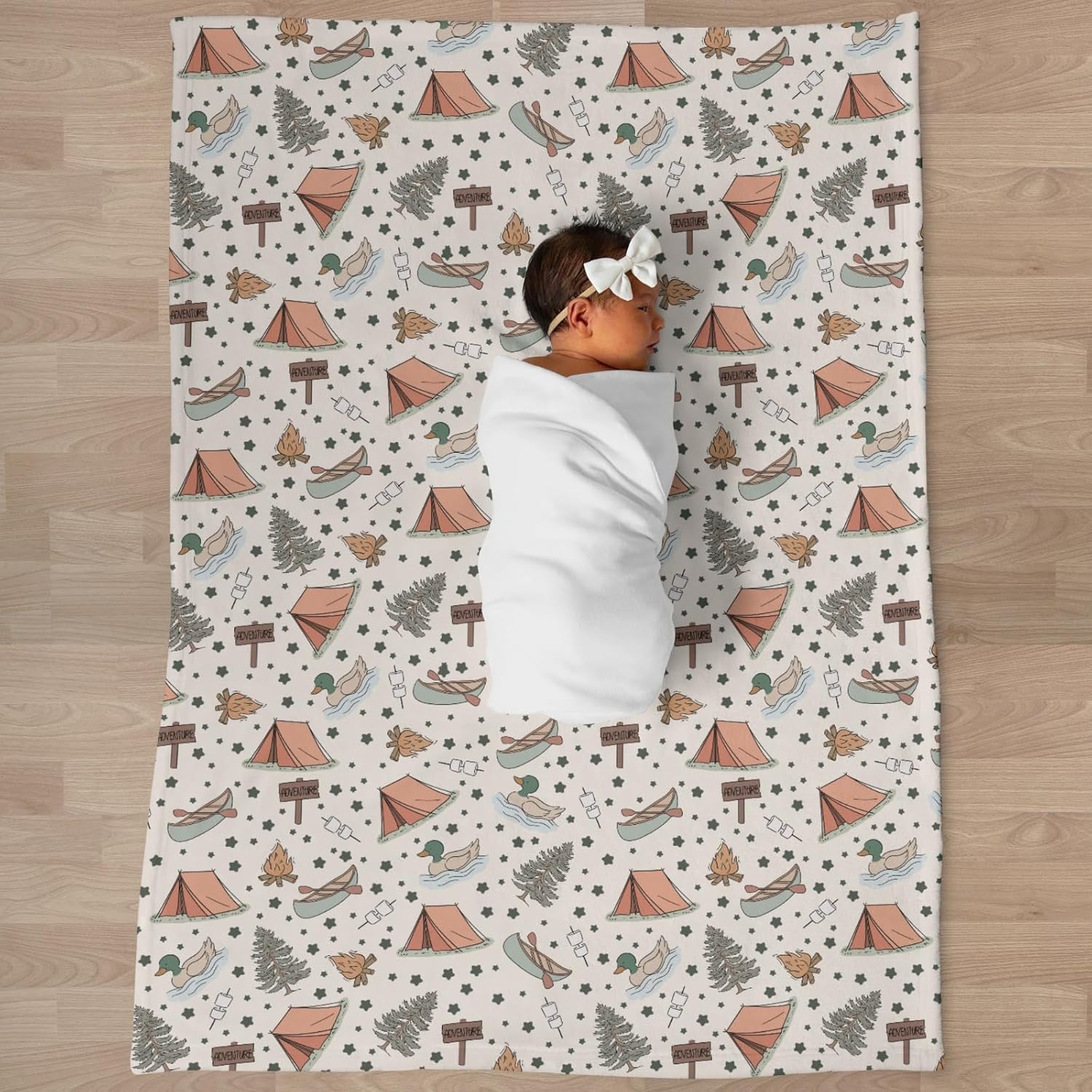 Retro Camping Adventure Baby Blankets for Girl Boy Infant Newborn Toddler Nursery Crib Camp Mallard Ducks Lake Trees Stars Swaddle Receiving Blankets Summer Camp Outdoor Bed Blanket 40x50inch
