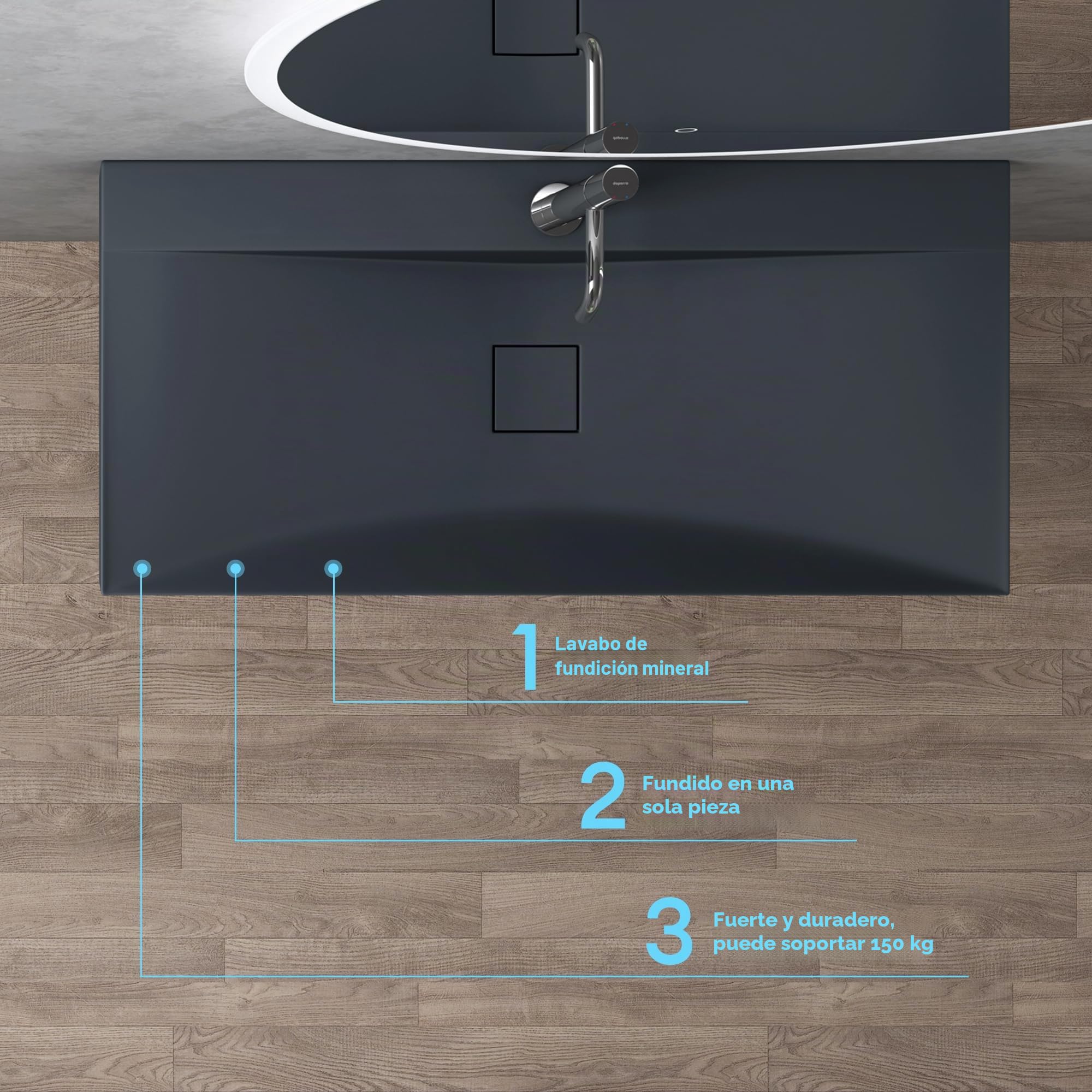 doporro 100x48x10cm Lavabo sobre encimera antracita mate Colossum810-1000 de fundición mineral lavabo suspendido de mármol