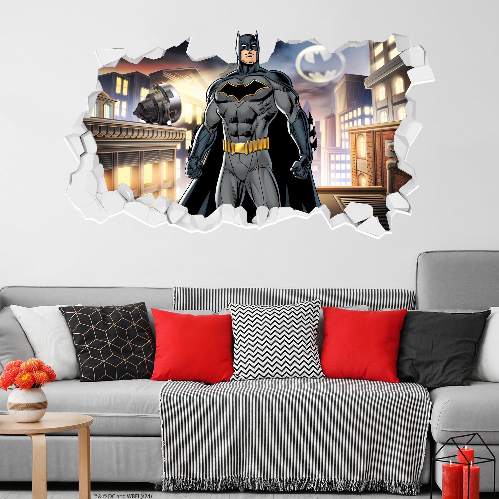 Themed Black Batman™ Wall Sticker - Batman On Rooftop Broken Wall Decal Dc Superhero Art (60Cm Width X 35Cm Height)