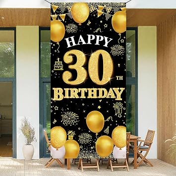 Happy 30th Birthday Decorations for Her & Him, Black Gold 30 Birthday Banner Backdrop, Fabric Door Decor Yard Sign Photo Booth Background for Men and Women,Thirty Indoor Outdoor Party Supplies