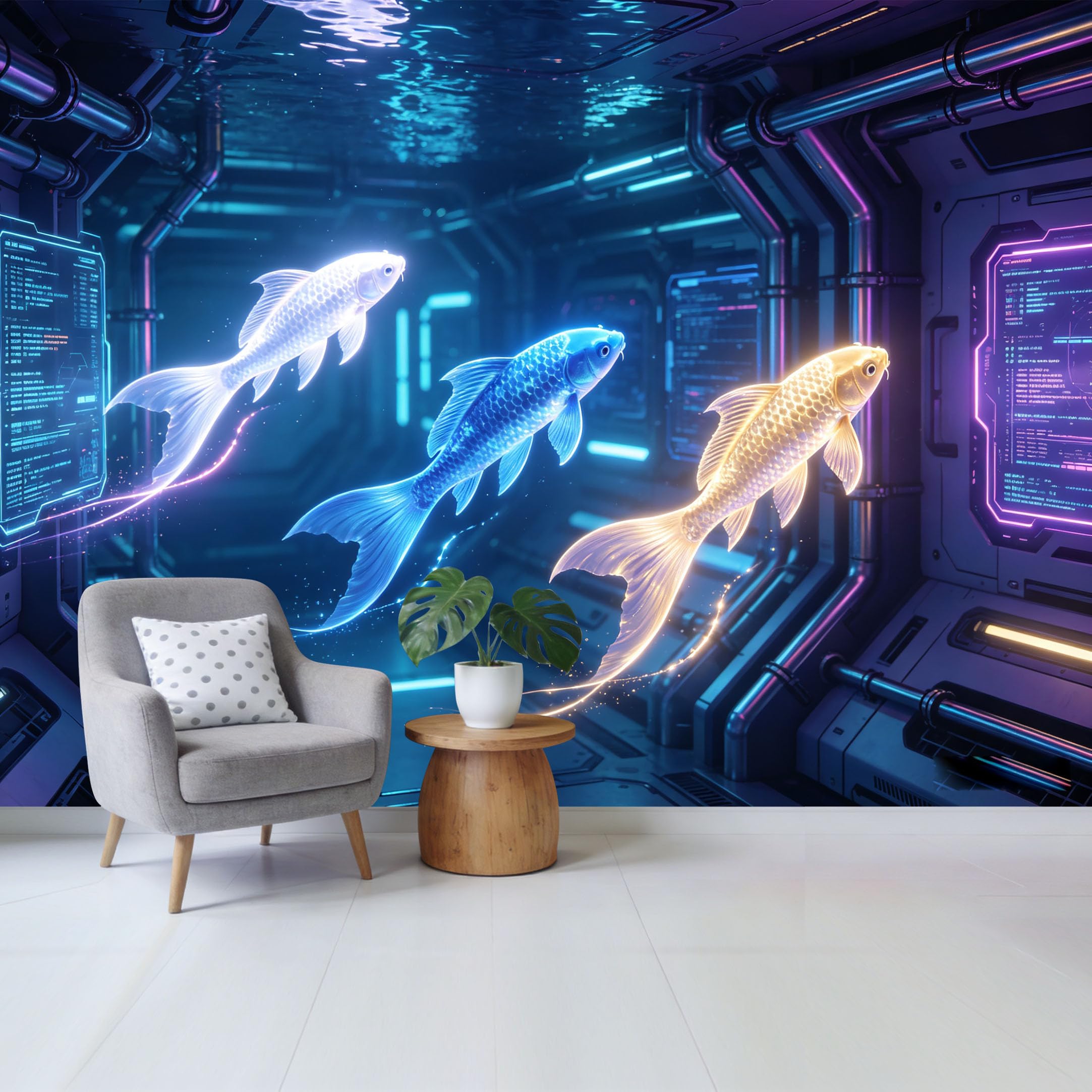 Custom Size Wall Mural Glowing Koi Fish Futuristic Cyberpunk Corridor 3D Trompe L'Oeil SelfAdhesive Wall Fabric Removable Wallpaper for Home Office Decor