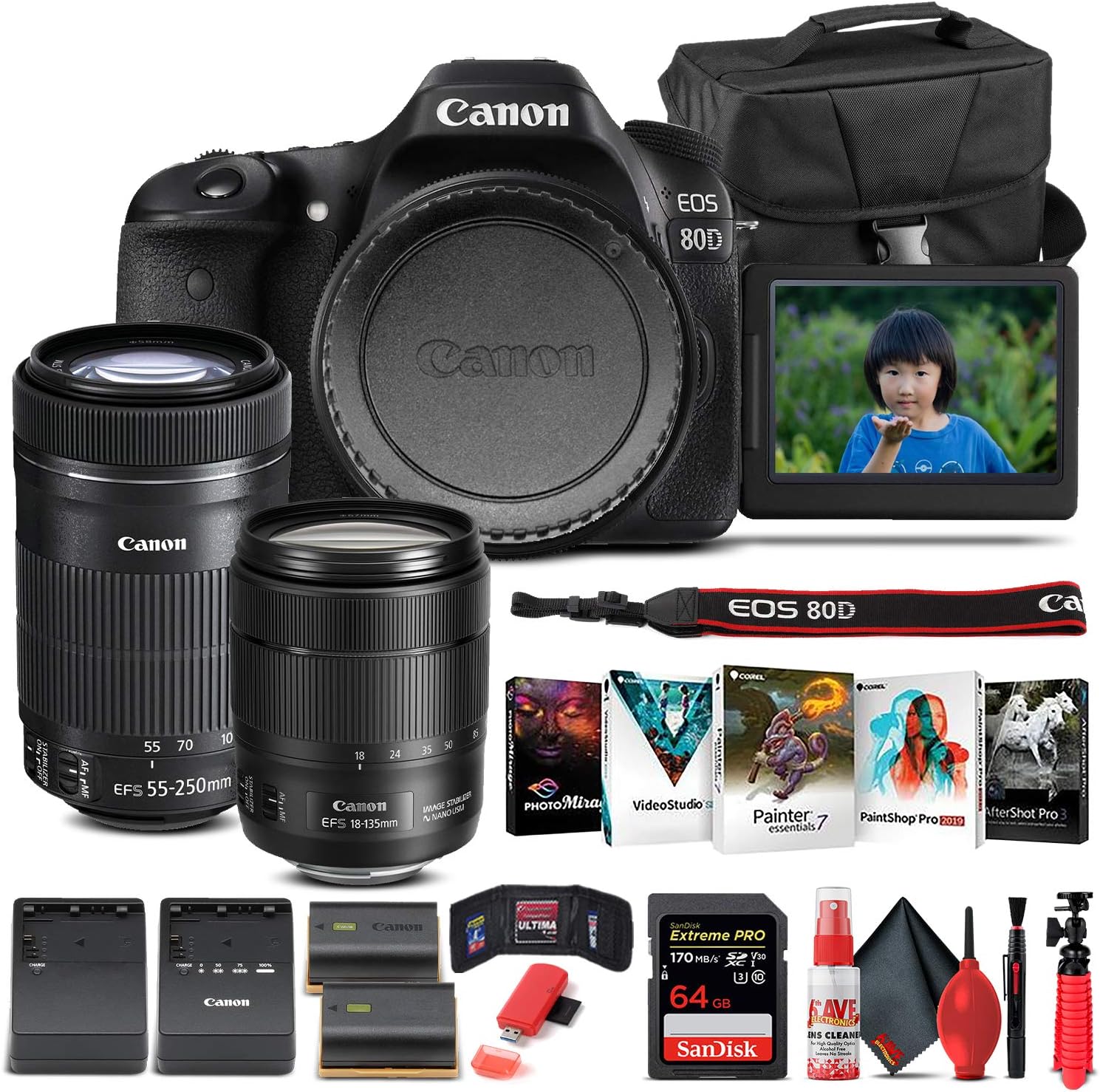 Canon EOS 80D DSLR Camera with 18-135mm Lens (1263C006) + EF-S 55-250mm Lens + 64GB Memory Card + Case + Corel Photo Software + LPE6 Battery + External Charger + Card Reader + More