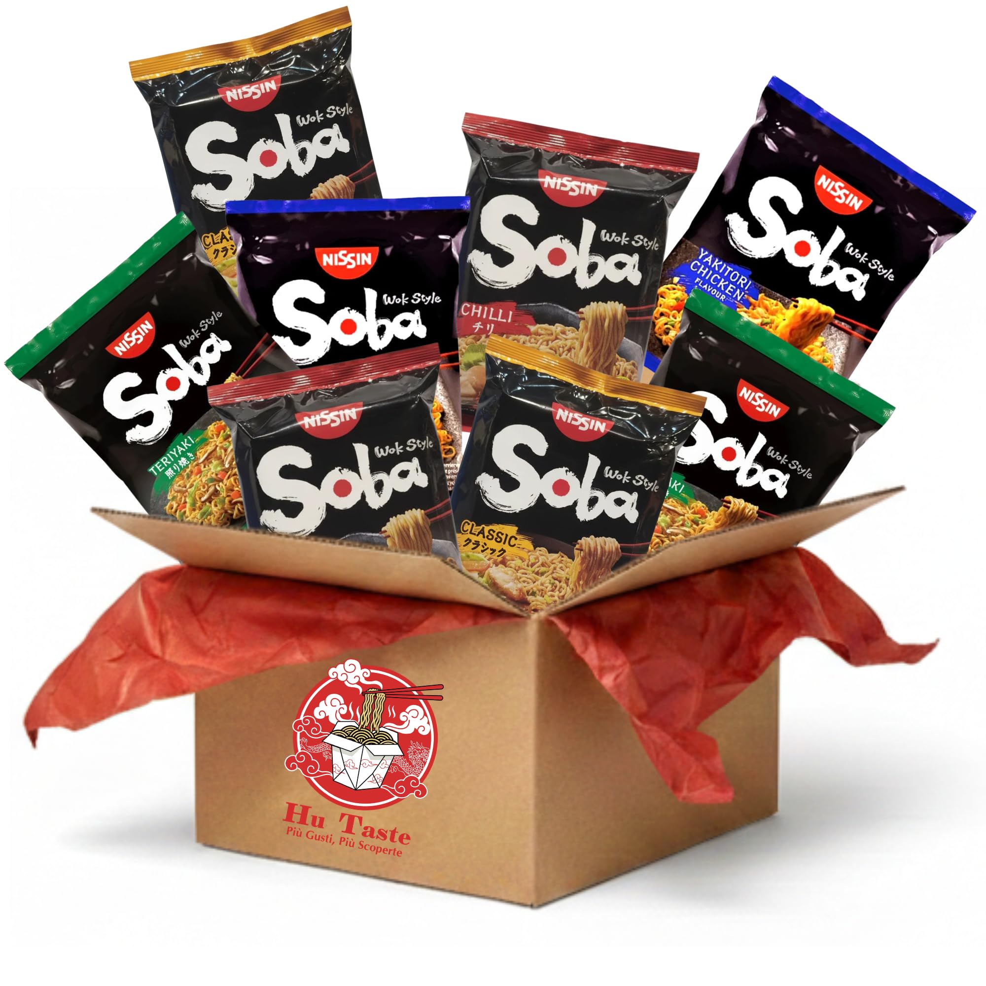 Hu Taste Kit Ramen Soba 8 Pack - Noodles Istantanei Assortiti: Classic, Teriyaki, Yakitori, Chili - Box Cibo Asiatico Pronto - Set Noodles Ramen Giapponese e Coreano per Amanti del Food Orientale
