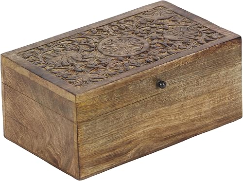 Miniatura 4 de Deco 79 Caja decorativa de madera de mango con diseño floral hecho a mano, cajas de recuerdo decorativas con tapa con bisagras, juego de 3 cajas de