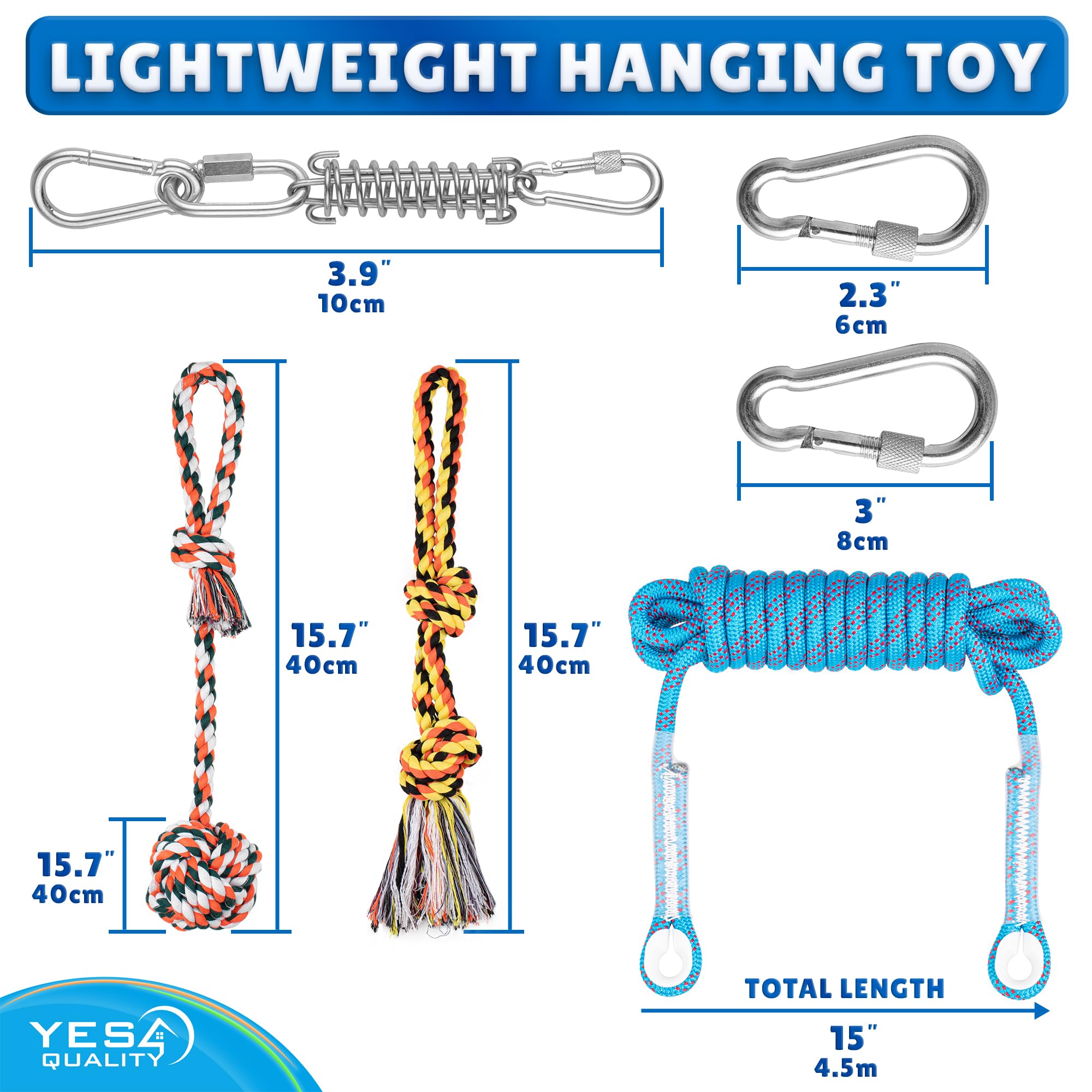 Yes4Quality Bungee Giocattolo da Appendere per Cani, Corda Interattiva Blu da Rimorchio con Kit di Molle in Metallo e 2 Giochi in Corda, Attrezzatura per Esercizi Pesanti per Cani