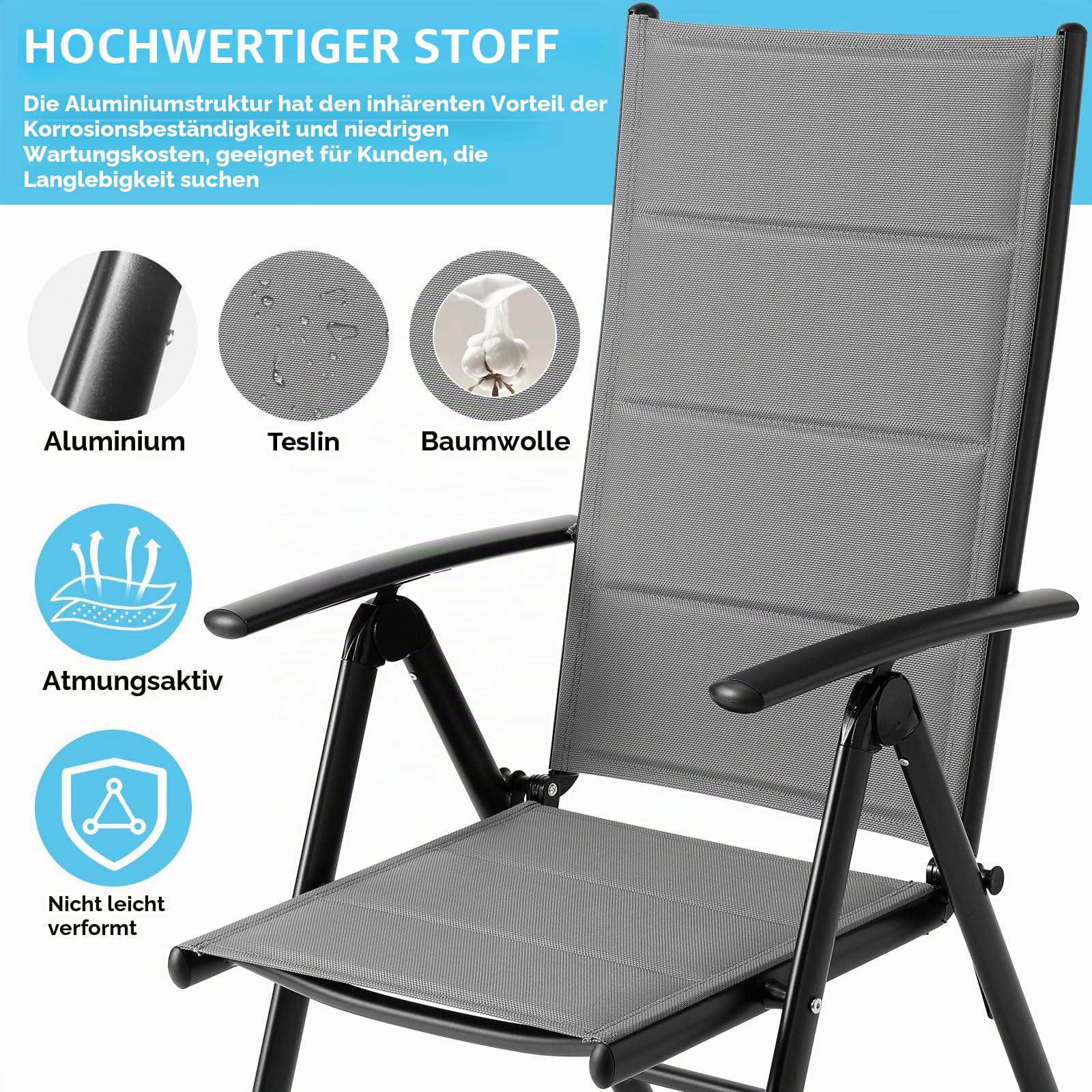 Clevich Gartenstuhl Alu 2er Set, Klappstuhl, 7-Fach Verstellbar, Maximale Belastbarkeit 120 kg, Wasserdicht, Geeignet Für Balkon, Camping,Garten, Hochwertiger Outdoor Klappstuhl (grau)