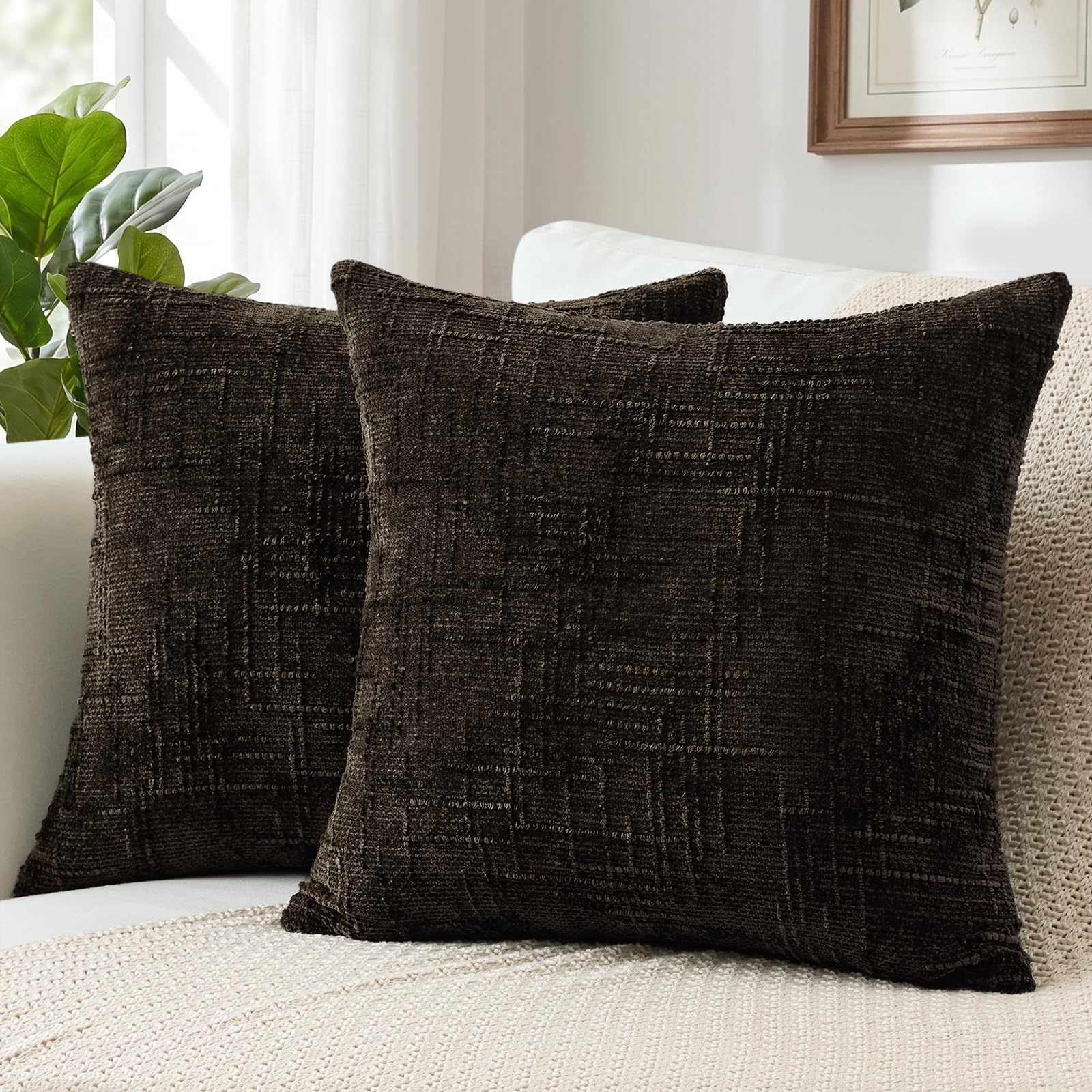 Sungeek Pack of 2 Chenille Textured Cushion Covers 60x60cm, Farmhouse Solid Dyed Throw Pillow Case Cover, Decorative Square Cushion Case for Home Decor Couch Sofa Bed Living Room, Dark Brown