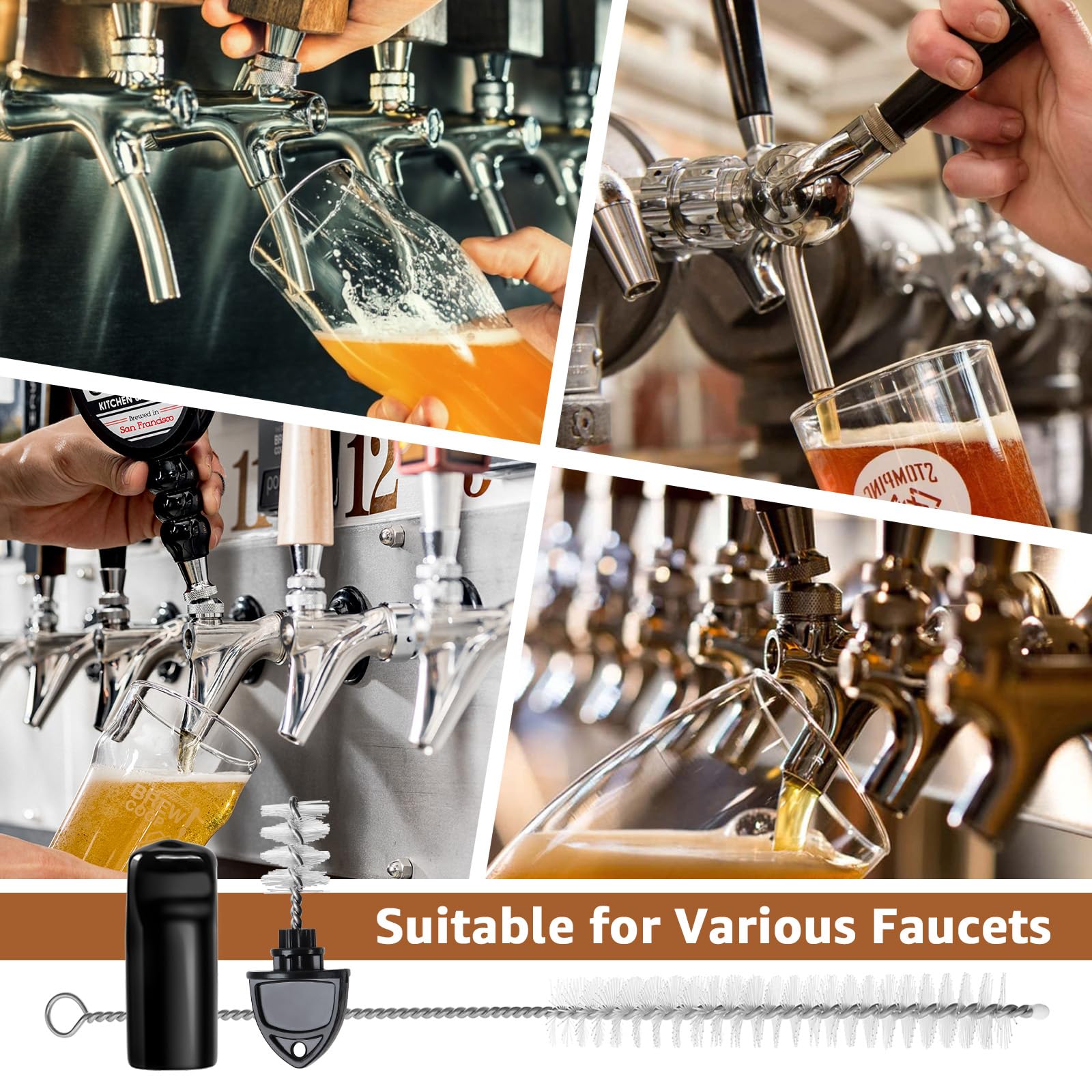 Tapón de grifo de cerveza, 5 tapones de grifo de cerveza y 5 fundas de goma para grifo de cerveza de barril y 1 cepillo de limpieza larga para la mayoría de grifos de cerveza estadounidenses