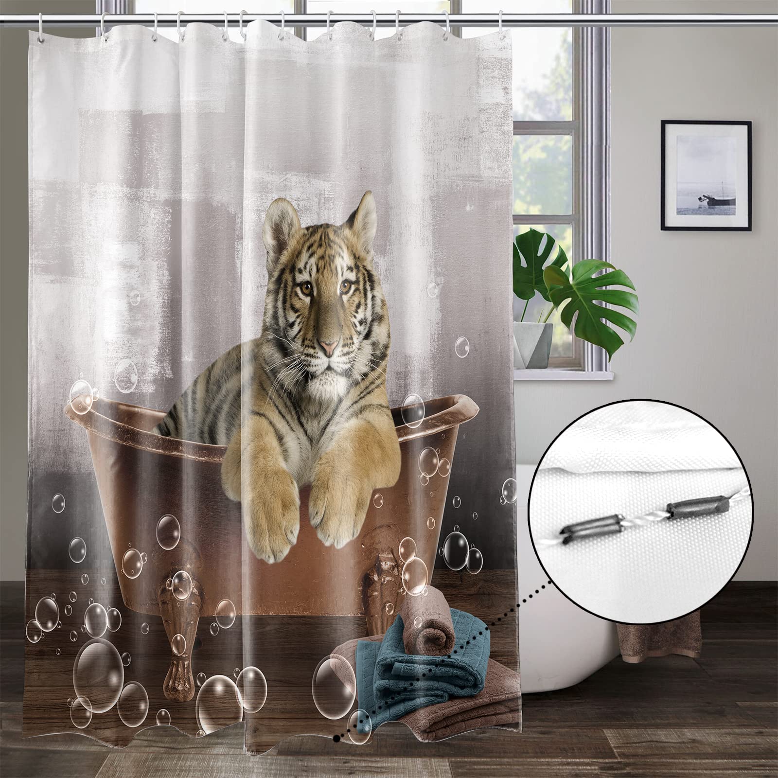 Tiger Duschvorhang 178x178 Cm – Cooles Wildtier-Design, Mit 12 Haken, Schwarzbraun, Polyester