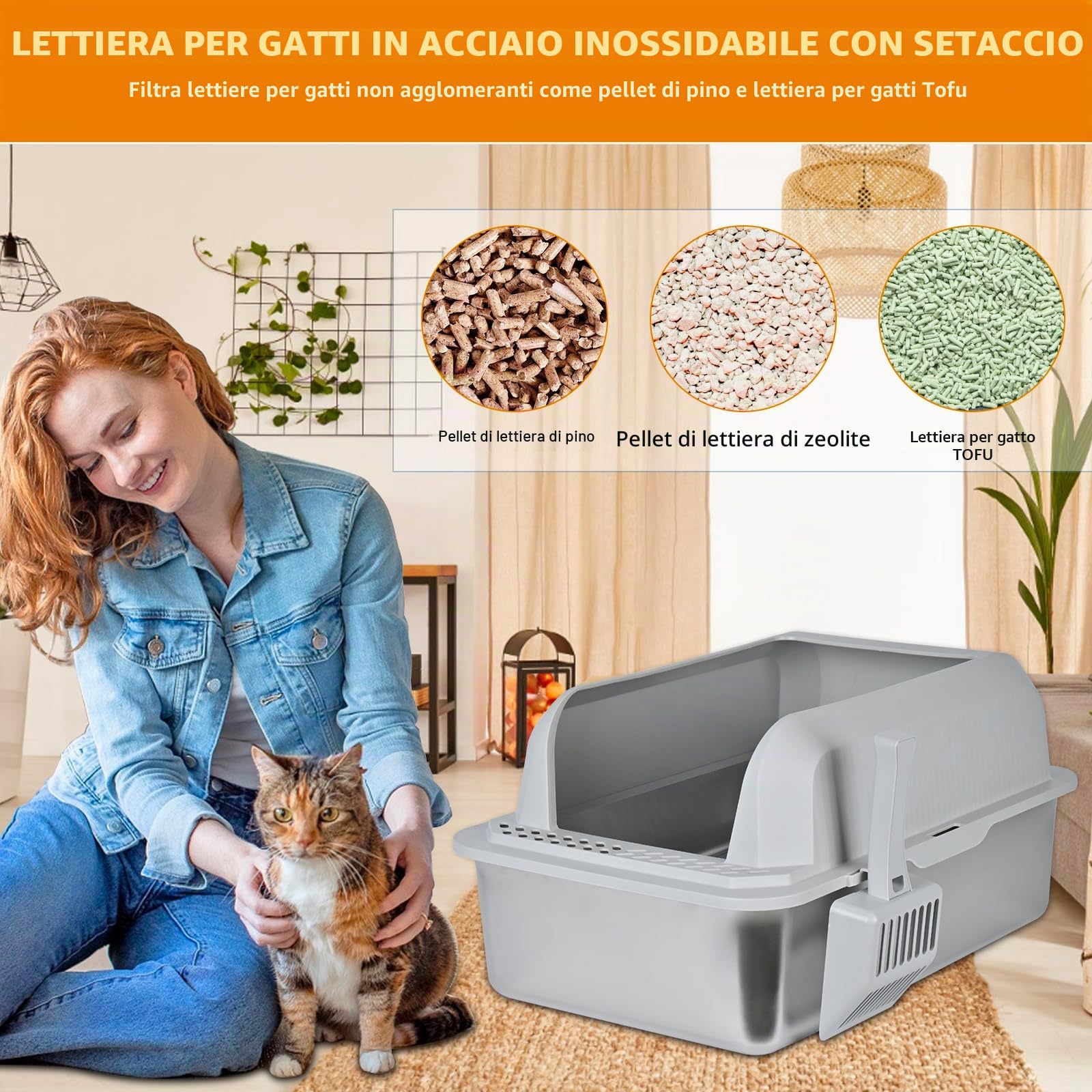 Homegroove Vassoio filtrante in acciaio inossidabile per pellet di pino, 60 x 40 x 35,5 cm XXL lettiera XXL in metallo con coperchio per gatti da interno, vassoio filtrante per gatti con setaccio in