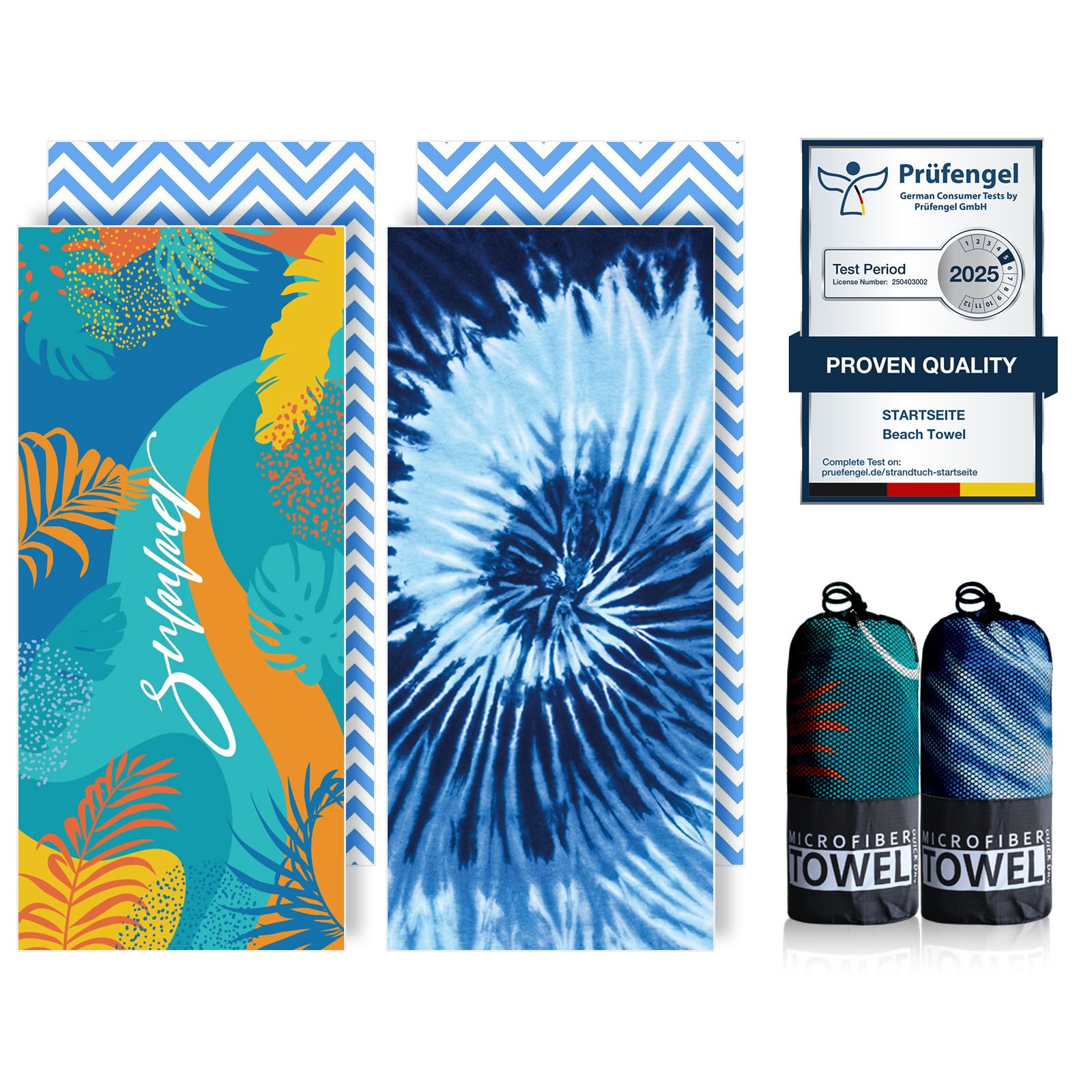 Microfibre Beach Towels for Adults - 200x90cm 2 Pack Extra Large Beach Towels in Gift Boxed, 250 GSM, Sand Free, Lightweight & Quick Dry Beach Towel for Swim, Travel and Gym(Word & Blue Whirlpool)
