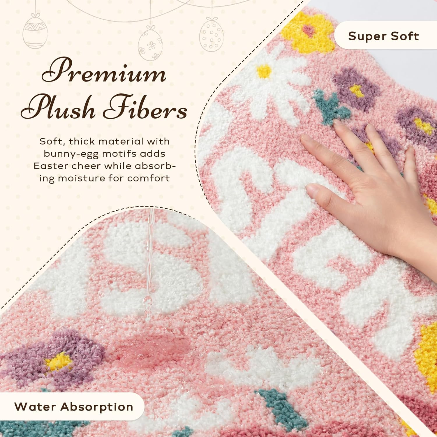 Ashler Easter Bathroom Rug, Flower and Egg Soft Tufted Absorbent Bath Mat for Easter Decor, Light Pink Area Rugs for Front Door, Living Room Bedroom, Kitchen, 26x42IN