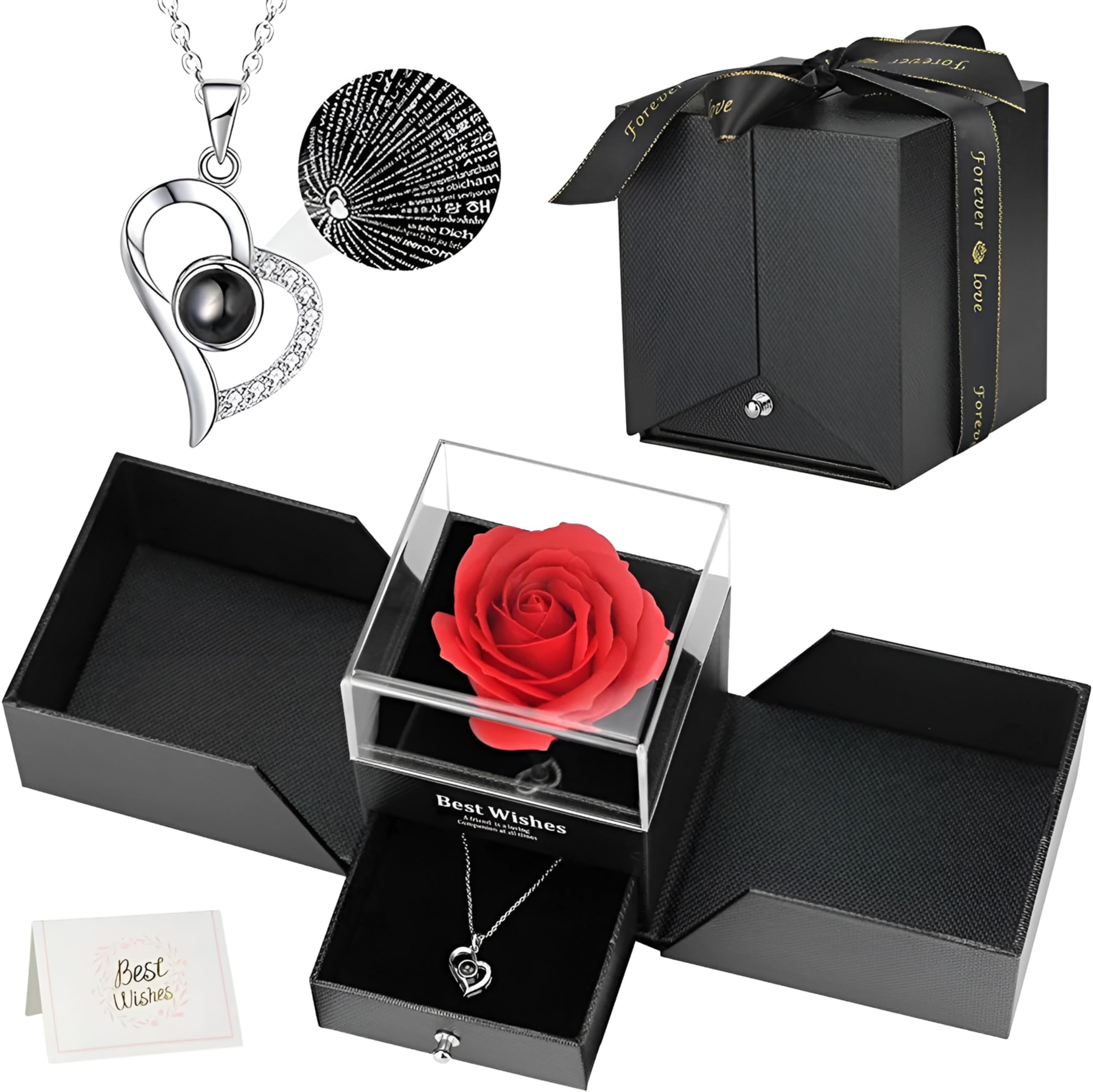 Danav Box Preserved Rose with Heart Love Necklace in 100 Language Rose Flower Gift for Girlfriend Mothers Day Valentine for Wife Christmas Birthday Gift for Wife (Black)-image-2