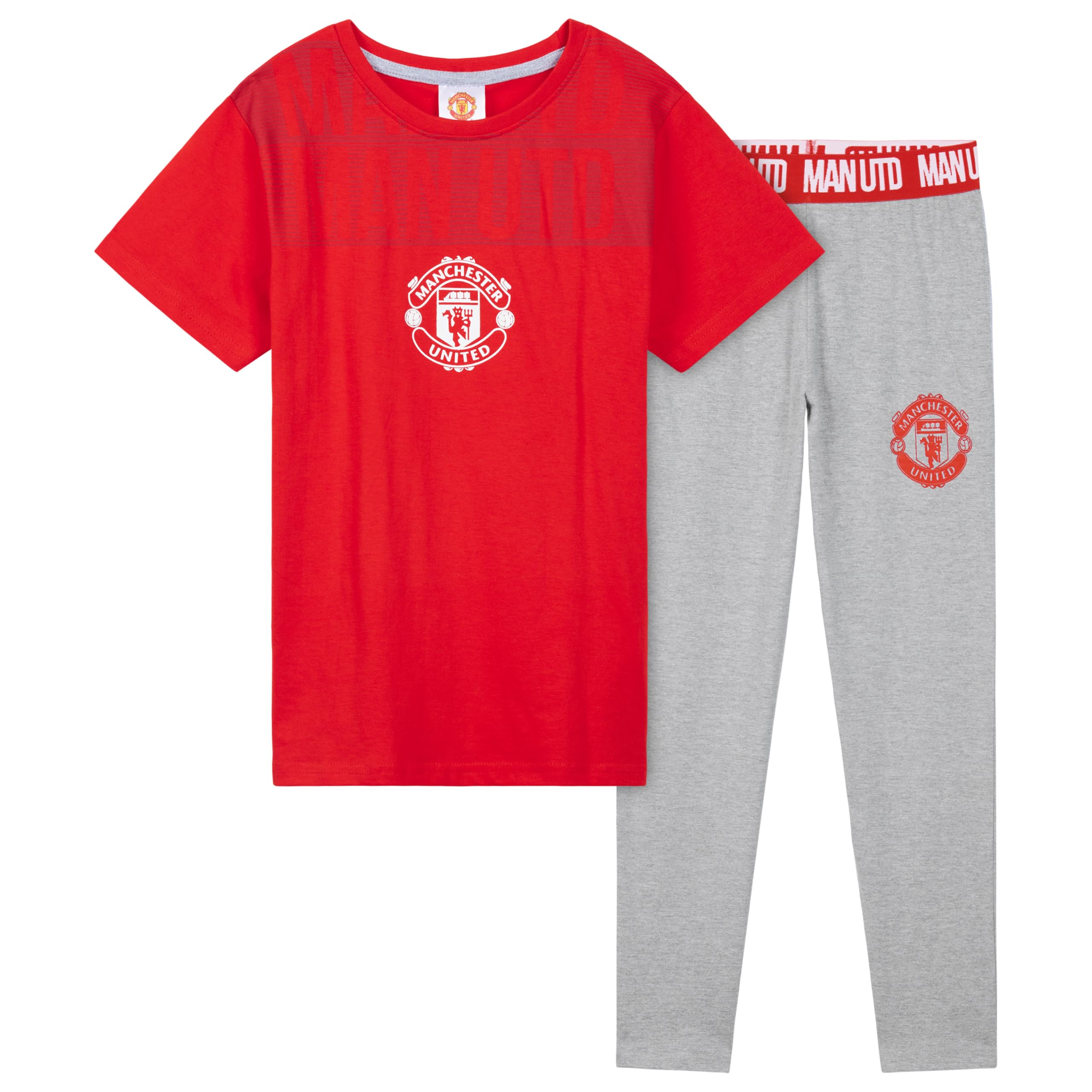Manchester United F.C. Boys Pyjamas Set, Comfy 2 Piece Nightwear Set, Boys Gifts (Red/Grey, 13-14 Years)