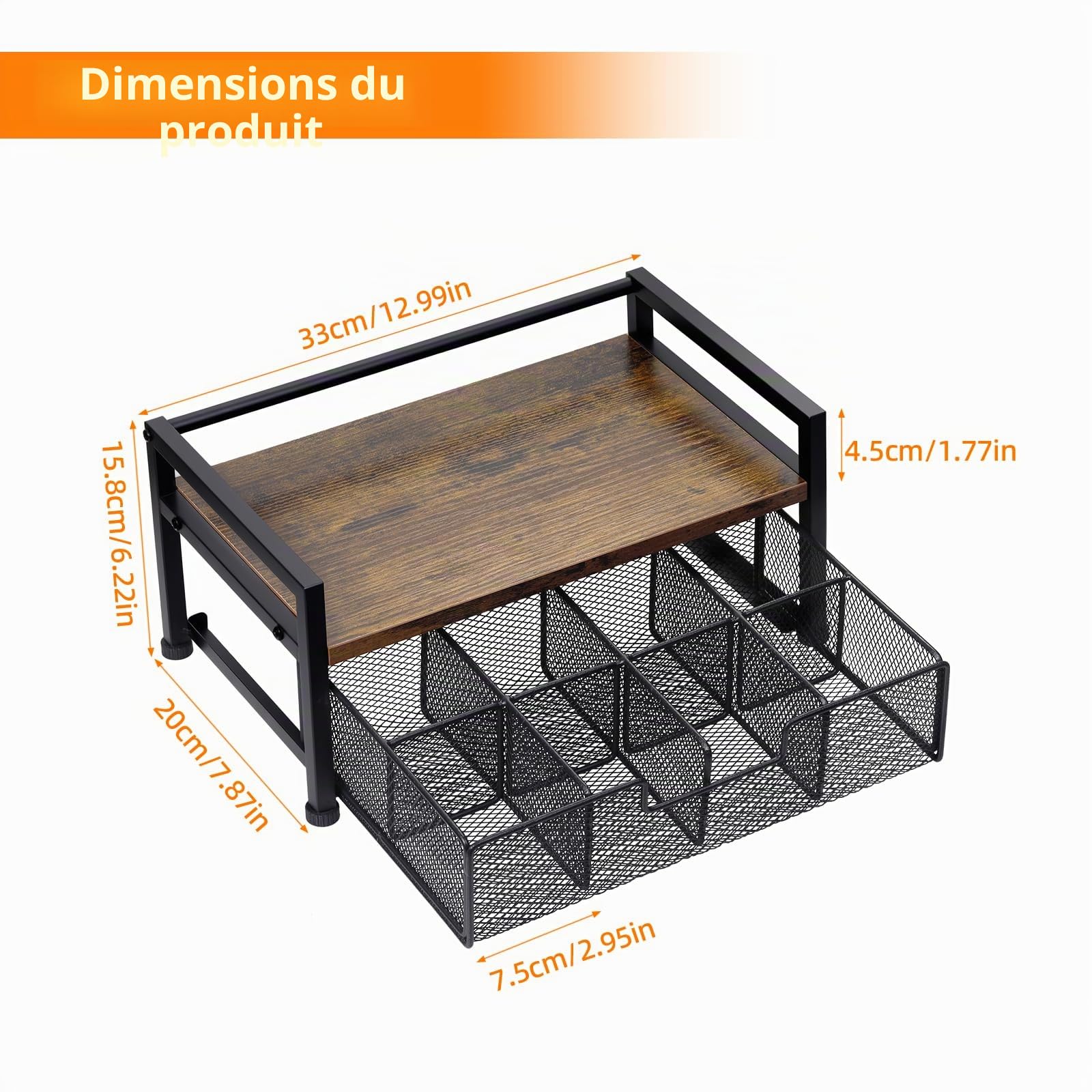 Organisateur de sachets de thé en bois, porte-sachets de thé avec tiroir, boîte de rangement à 8 compartiments, organisateur de boîtes à thé pour plan de travail de cuisine, bois et métal