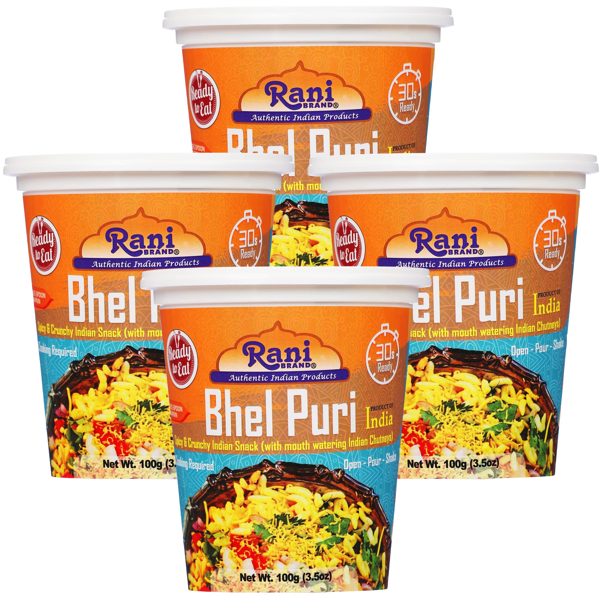 Rani Bhel Puri Cup (Spicy & Crunchy Indian Snack w/ mouth watering Indian Chutneys) 3.5oz (100g), Pack of 4 ~ Ready to Eat | Vegan | NON-GMO | Indian Origin
