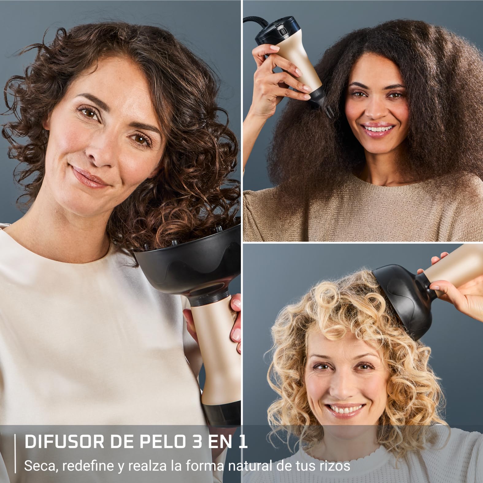 Rowenta Curl Harmony, Difusor de aire caliente, 3 en 1, Para cabellos rizado, Diseño ergonómico, 3 accesorios y neceser difusor de aire caliente CV7D30E0
