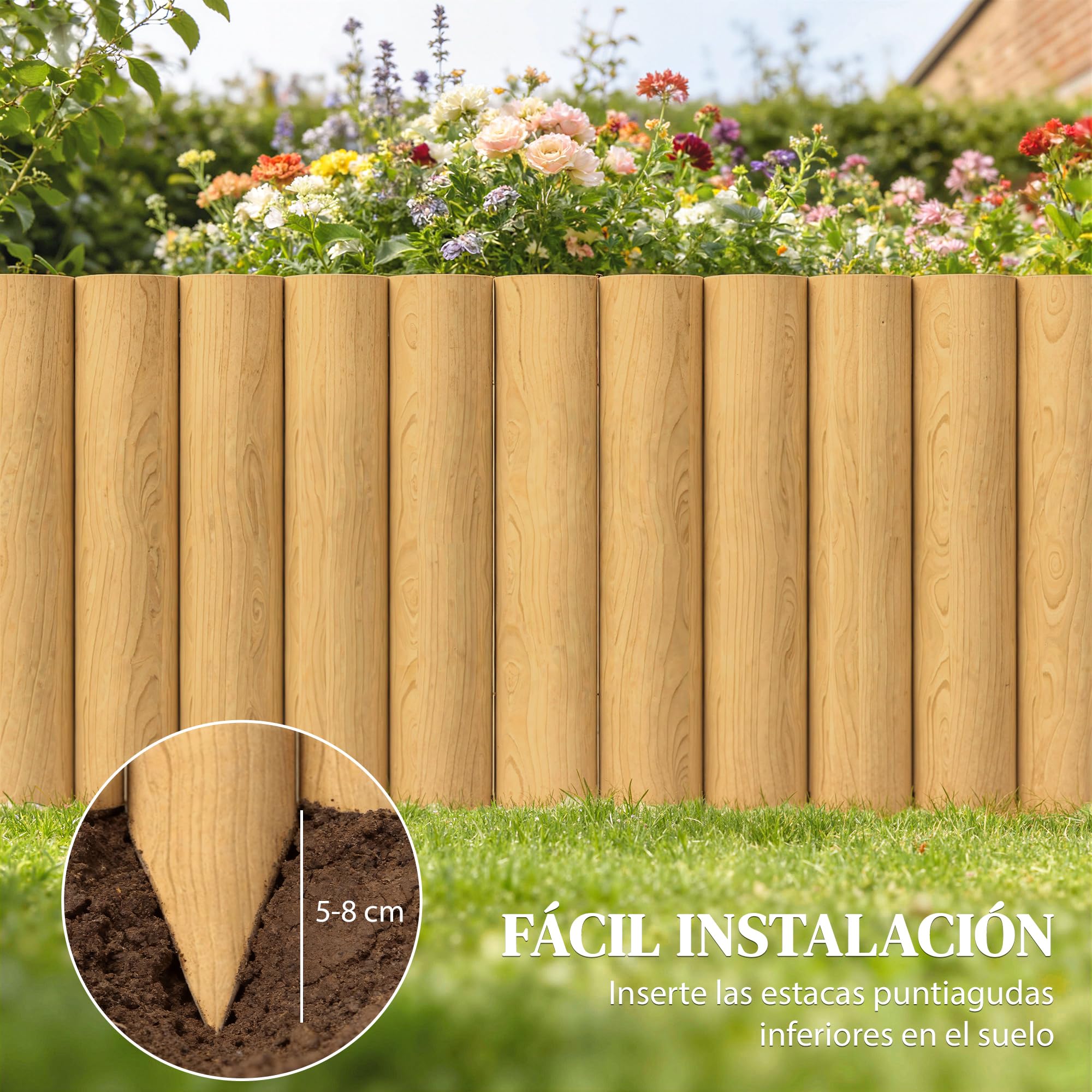 Outsunny Valla de Jardín de Madera 176x38 cm Barrera Natural | Resistente, Fácil de Instalar, Decorativa Exterior, Huerto, Patio, Terraza, Césped
