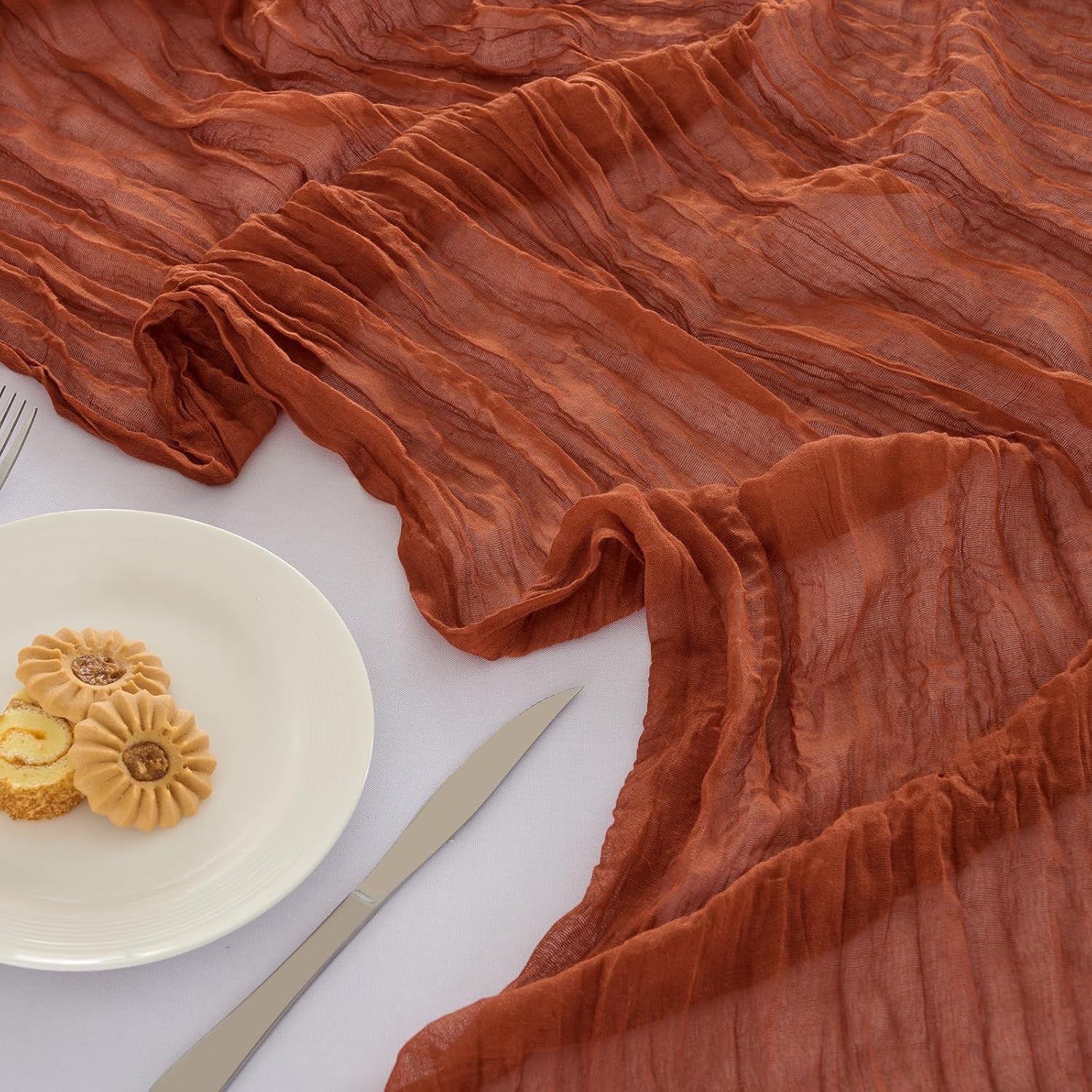 Fanami 6 Pack Cheesecloth Table Runner -10FT Terracotta Boho Gauze Cheese Cloth Table Runner 120 Inches Long Rustic Sheer Fabric Centerpieces for Wedding Birthday Party Bridal Baby Shower Decorations