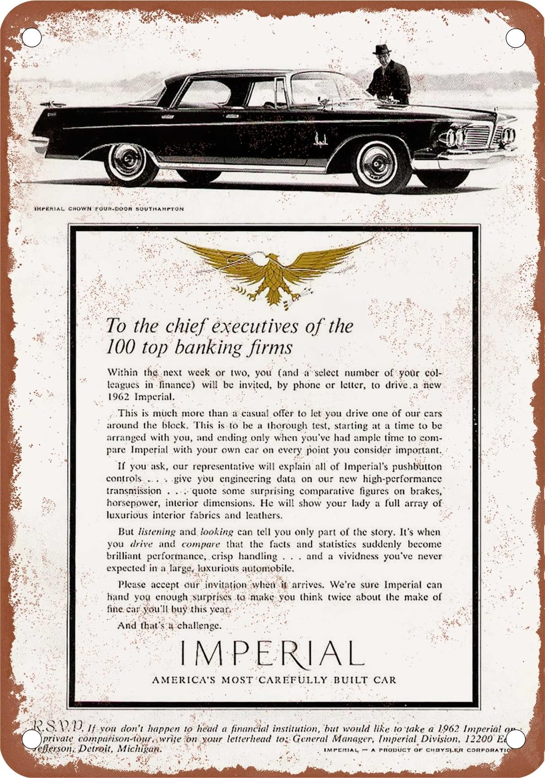 METAL SIGN - 1962 Imperial Vintage Ad 11 - Old Retro Rusty Look home decor