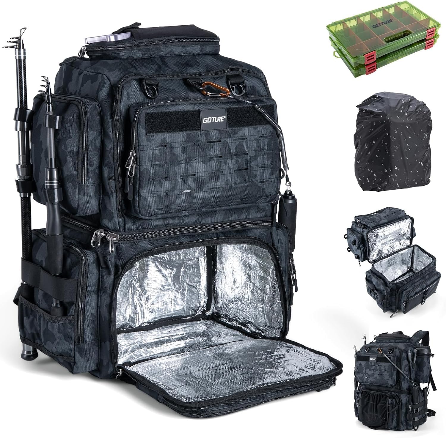 Goture Doppelstöckiger Angelrucksack – 53L wasserdichte Angelgerätetasche mit Exklusivem Fachkonzept, Isolierschicht & Regenschutz, 600D Oxford Eva-Bezug mit 2 Rutenhaltern, Platz für 4 Köderboxen