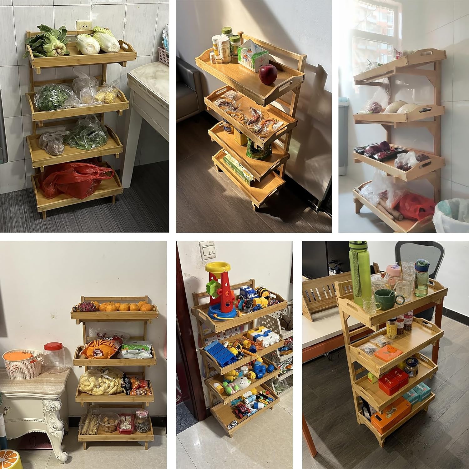 Commercial Snack Shelf Display Stand, 3-Tier Wooden Vegetable & Fruit Storage Rack with Guardrails, Free-Standing Supermarket Snack Organizer for Home, Kitchen, Pantry