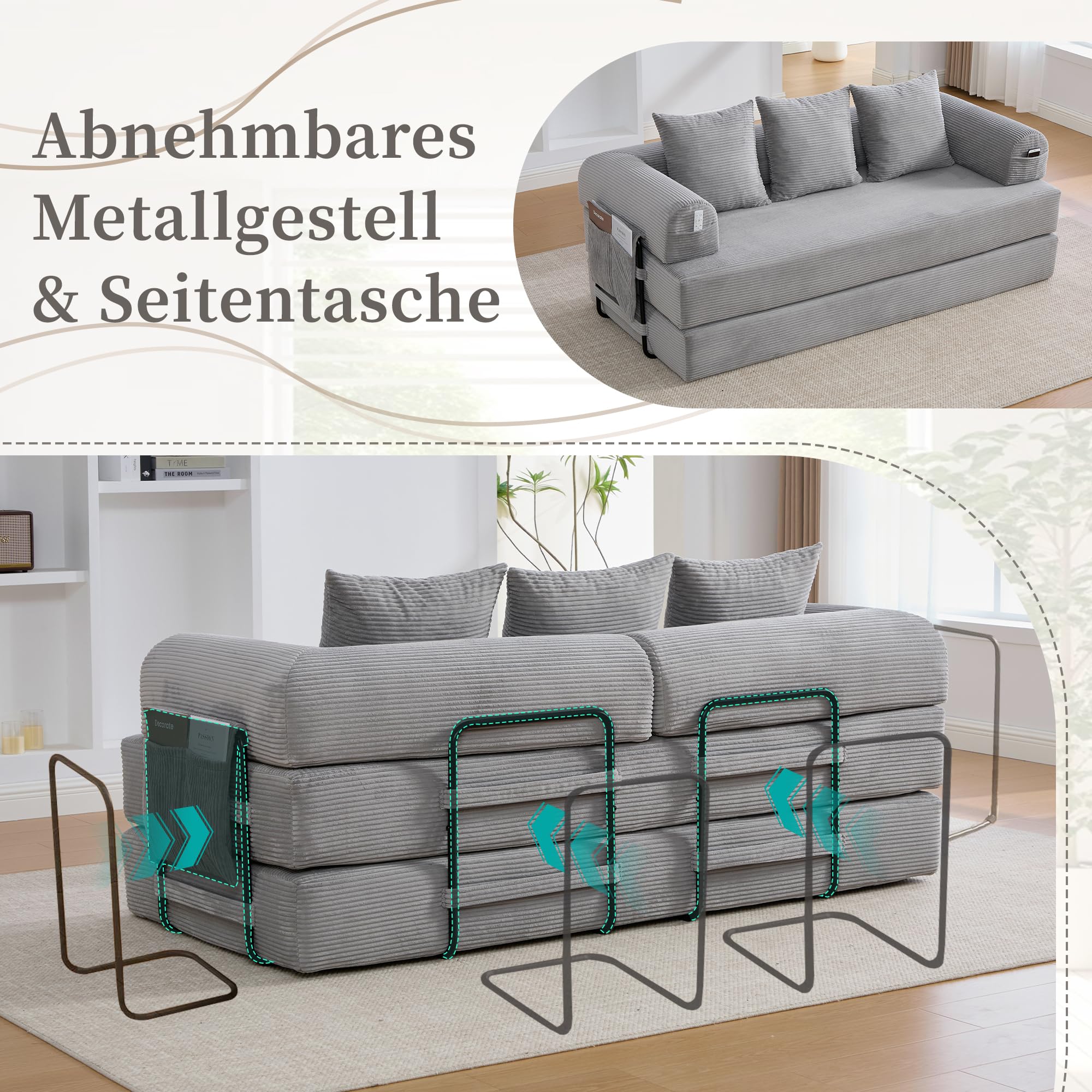 Sapgaks - Sofá convertible de 3 plazas con estructura de metal resistente, bolsillos laterales y 3 cojines, sofá modular de pana, se puede combinar libremente, sofá cama, gris claro