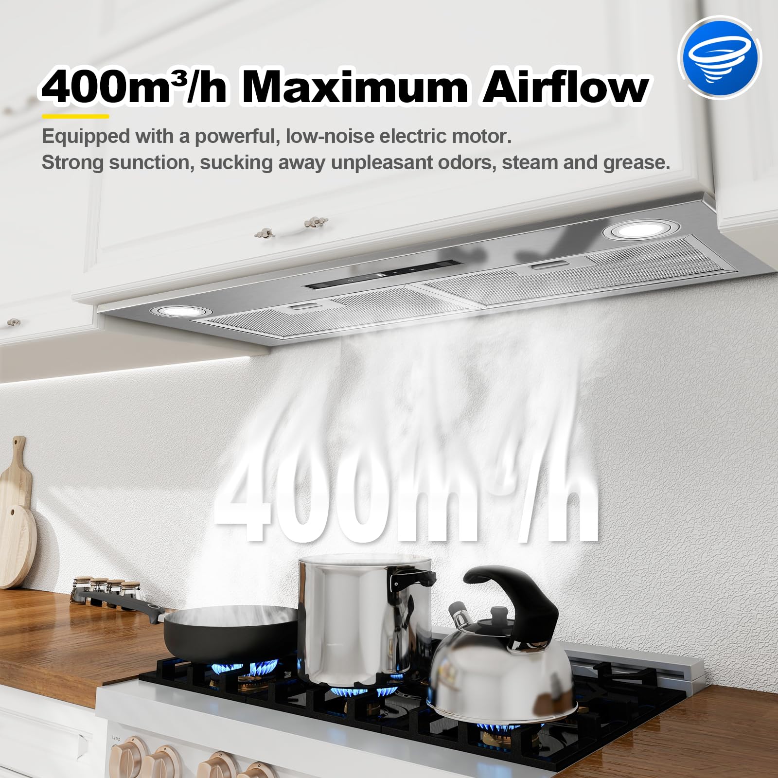 Hotte Aspirante 72cm Encastrable, 400m³/h, Hotte Cuisine, 3 Vitesses & Fonction Booster, Gestuelle, Tactile, Éclairage LED, Évacuation & Recyclage d'air avec filtre à charbon et conduit