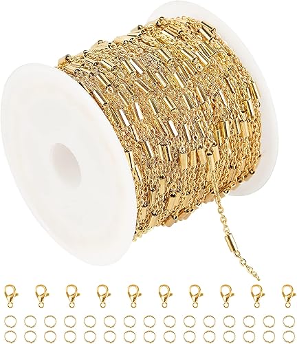 UMAOKANG Cadena chapada en oro de 32.8ft, cadena de tubo de barra de acero inoxidable para mujer, collar de bricolaje