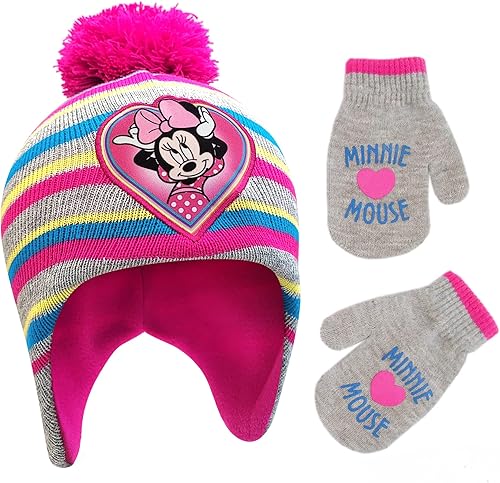 Disney Conjunto de gorro y guantes de invierno para niñas de 2 a 4 años o gorro de Minnie Mouse y guantes para niños de 4 a 7 años
