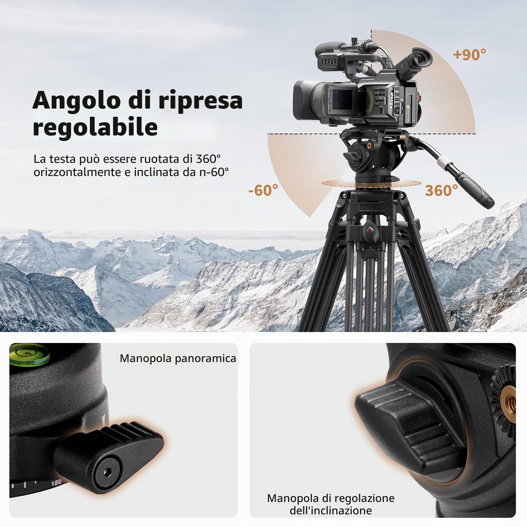 Cayer Testa fluida del treppiede video di con piastra a sgancio rapido, impugnatura telescopica e base graduata per fotocamere mirrorless, videocamere e reflex digitali, K6