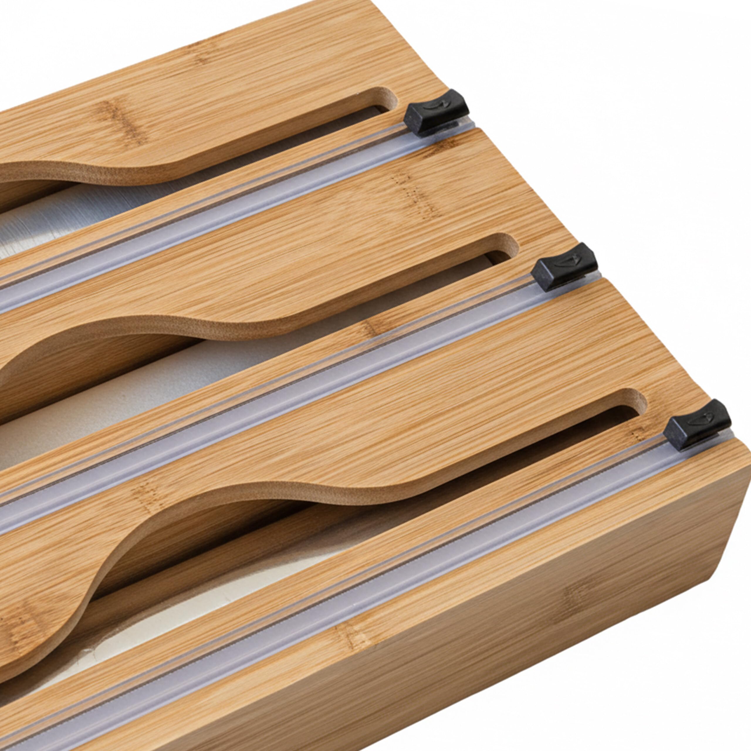 Relaxdays Dispenser per Pellicola, 3 Rotoli, cassetto, bambù, 22 x 33,5 x 7 cm, taglierina Cucina, Naturale