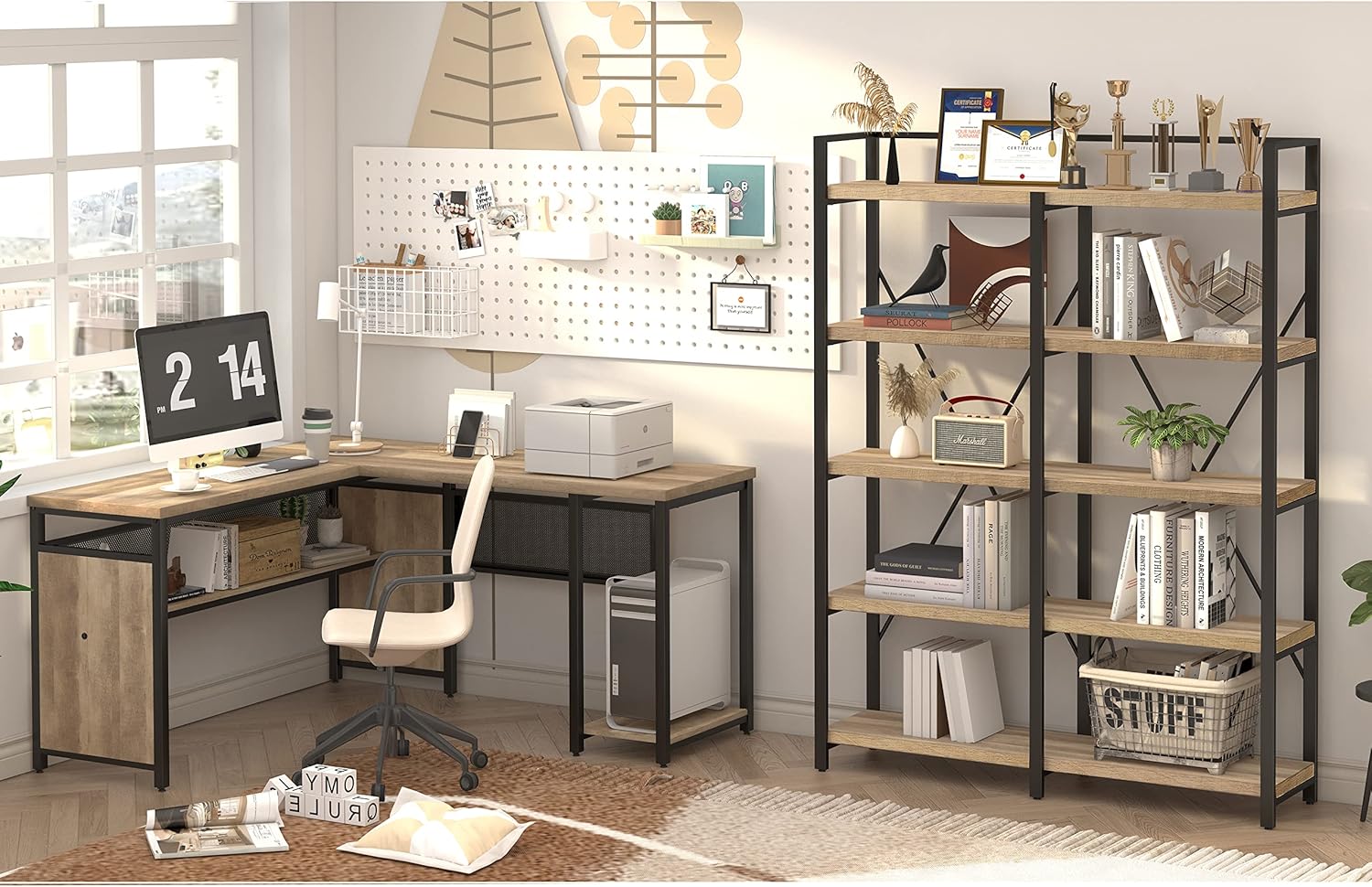 FATORRI L Shaped Computer Desk and Industrial Bookshelf for