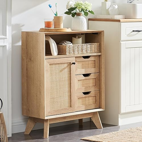 OKD Natural Rattan Bathroom Floor Cabinet, Modern Boho Storage Cabinet with Sliding Door & 3 Storage Drawers, Mid Century Small Freestanding Cabinet for Bathroom, Kitchen, Dining Room, Entryway
