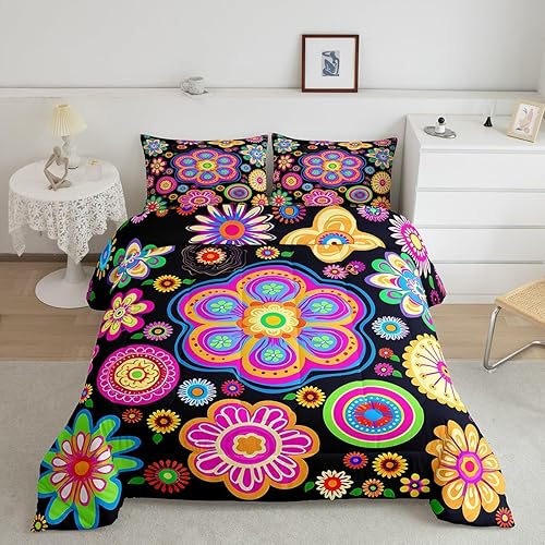 Miniatura 16 de Feelyou Groovy - Juego de edredón de flores para niñas y niños, edredón retro floral bohemio con hongos de los años 70, juego de ropa de cama de