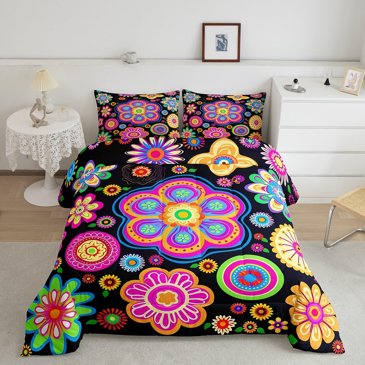 Feelyou Retro Floral Boho Bedding Set Vintage Groovy Flower Comforter Hippie Flowers Bohemian Comforter Set for Kids Adults Psychedelic Floral Duvet