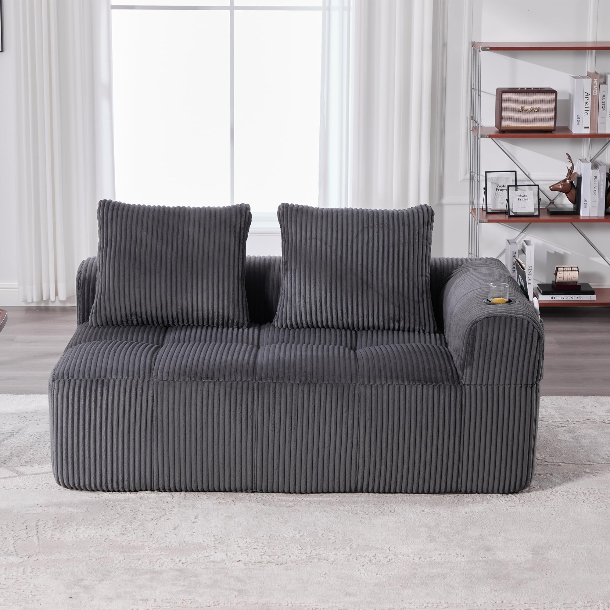 Sofa 2-osobowa, sztruksowa, rdzeń sprężynowy, uchwyt na napoje, kieszeń