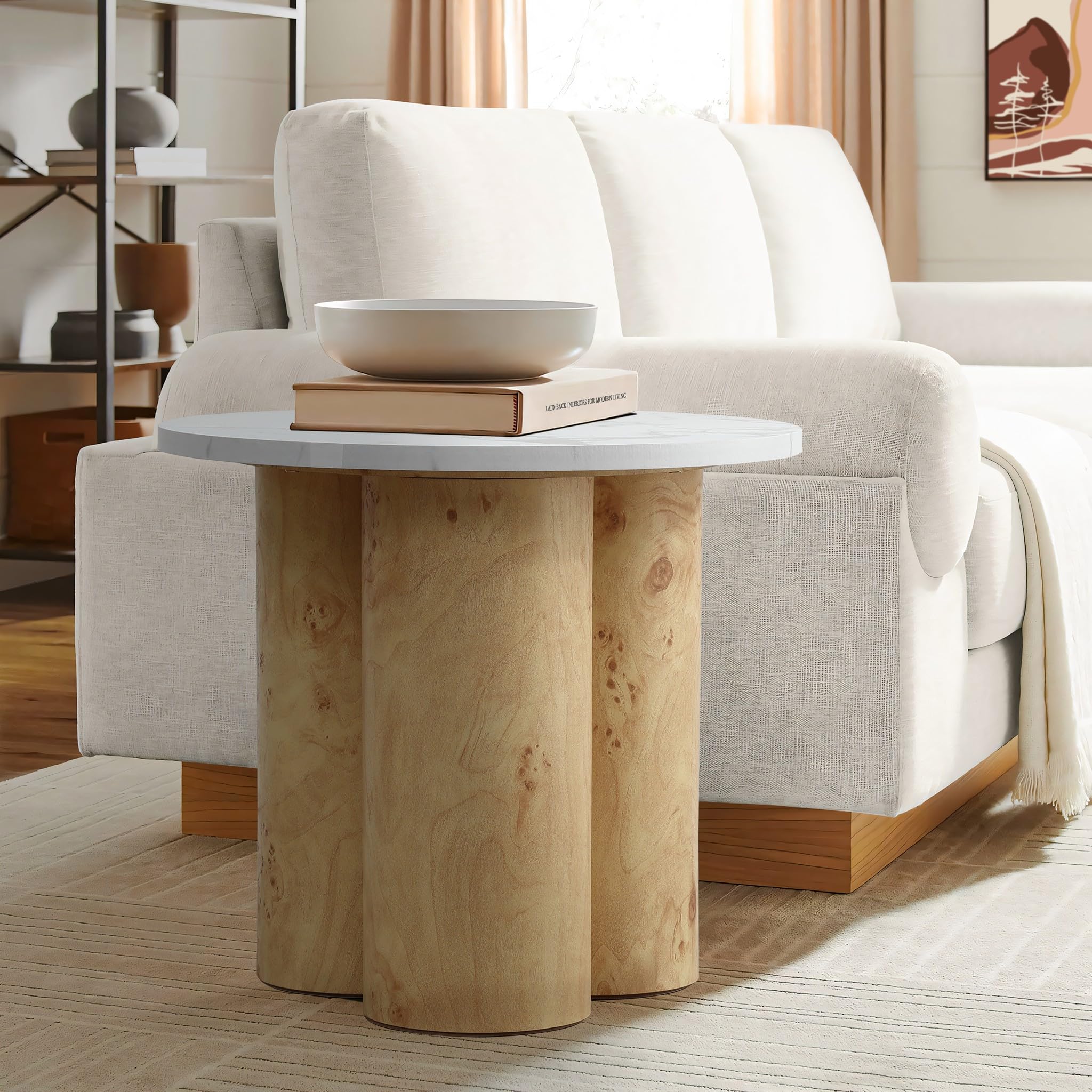 LuxenHome Round Wood Side Table with Pillar Leg and Faux Marble Top, 19.7" Wide Burl Wood Finish Accent End Tables, Modern Farmhouse Small Cocktail