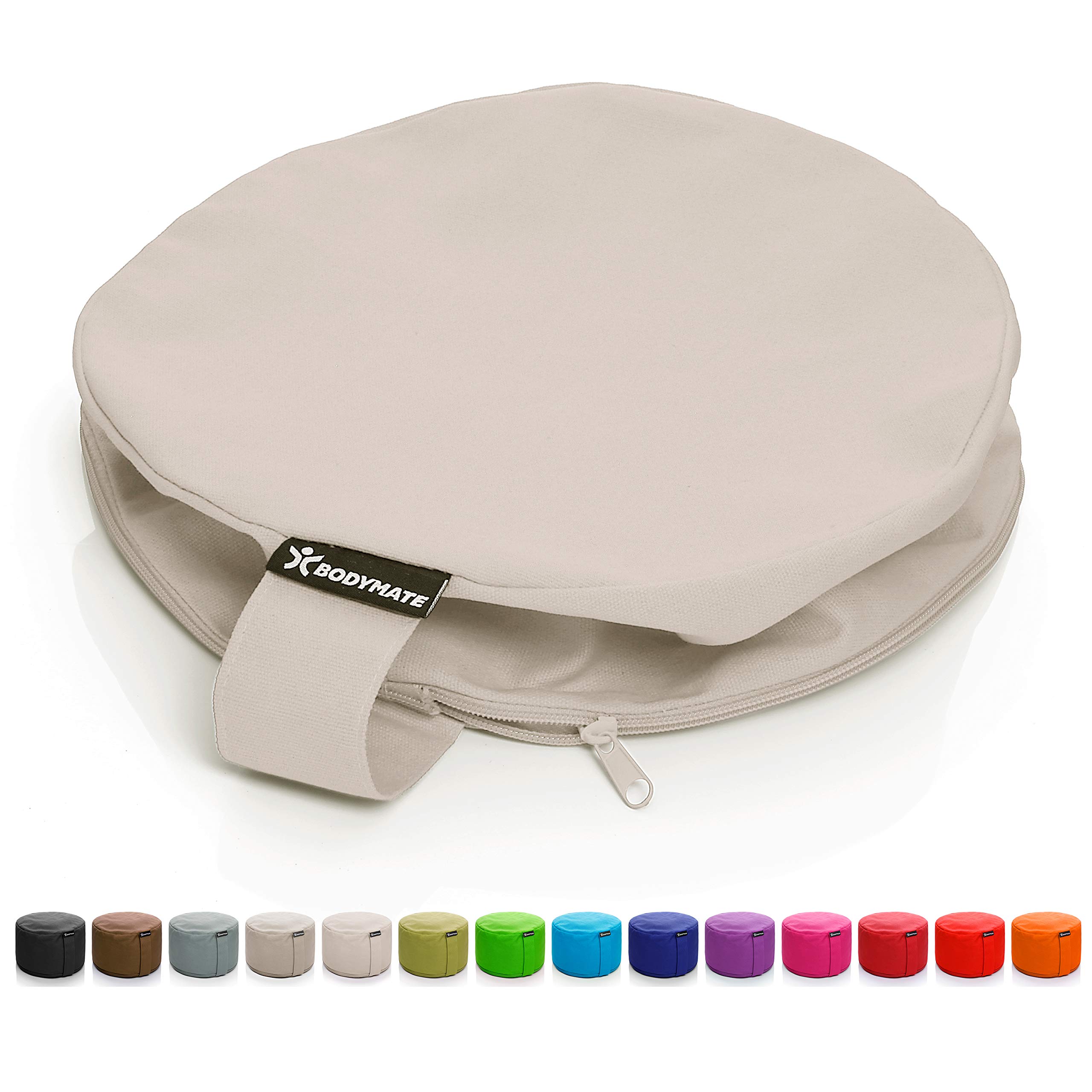 BODYMATE Coussin de Yoga Rond 31 cm de diamètre 13 cm de Haut avec Rembourrage en Fourrure de Sarrasin – Housse Lavable en Machine en 100% Coton Extra épais – Coussin de méditation – Coussin d'assise