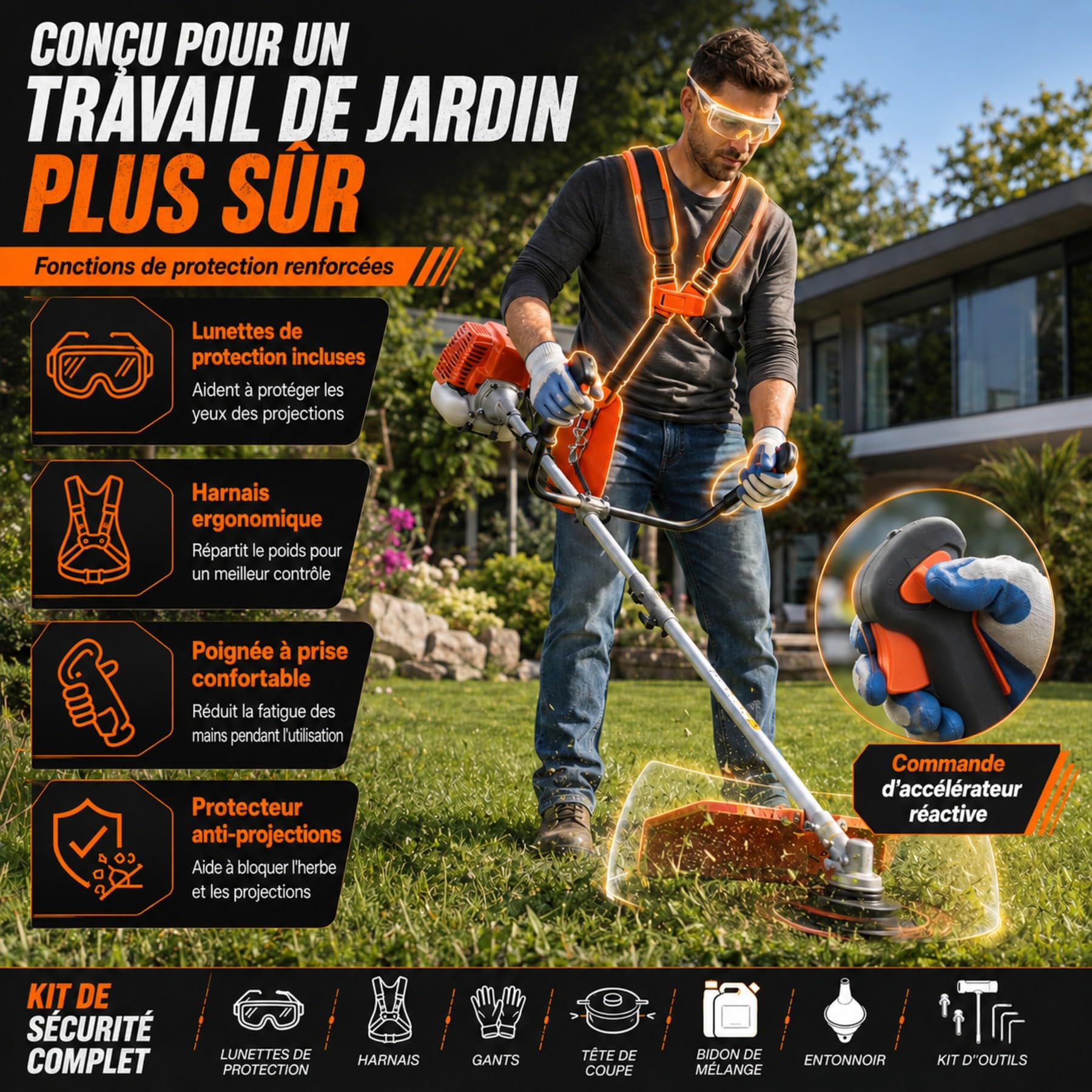 Débroussailleuse Thermique 52 cm³, Débroussailleuse Essence 2 Temps 2,2 KW 8500 TR/Min, 2 en 1 Coupe-Bordure avec Lame 3 Dents, Tête à Fil, Guidon en U Anti-Vibration