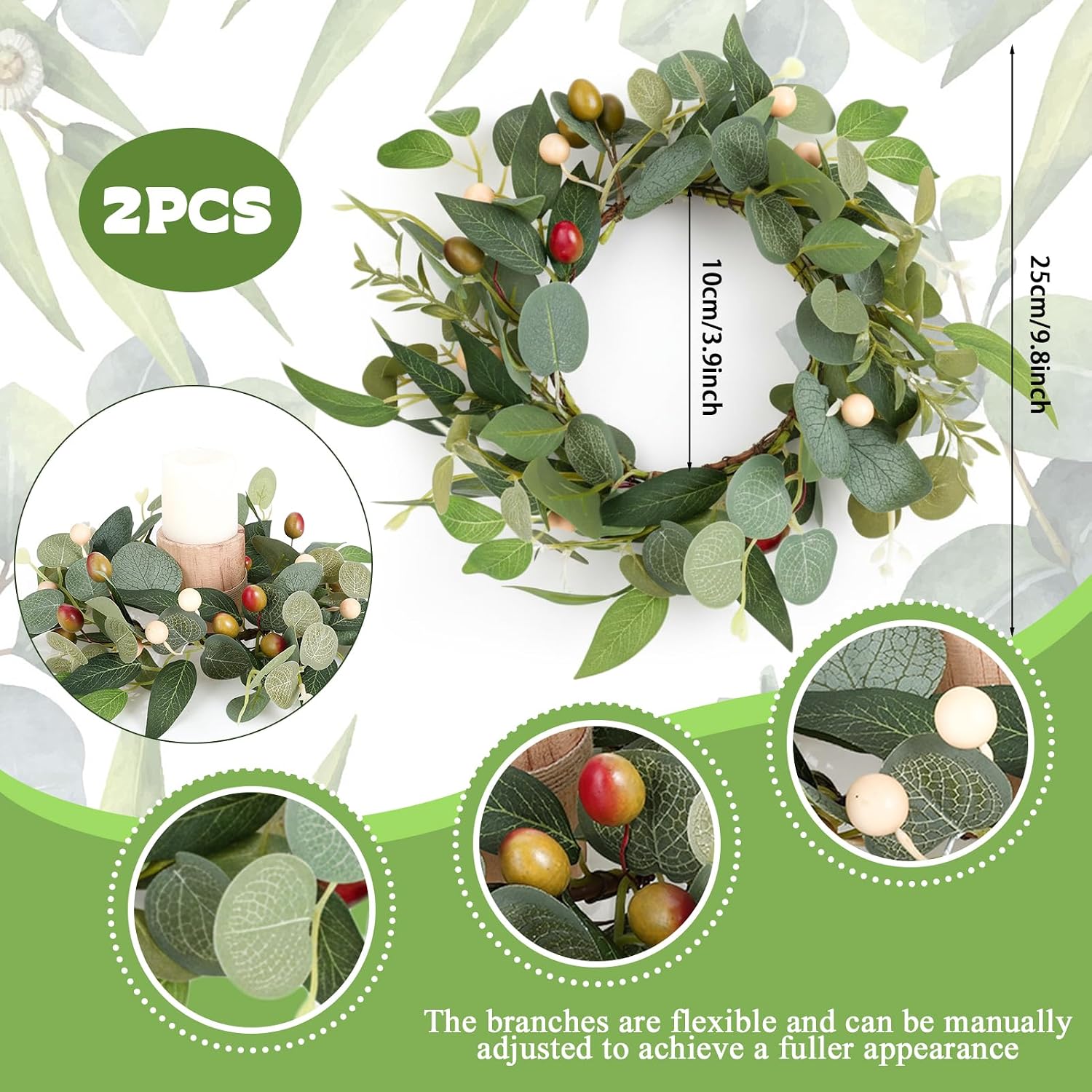 2 Pcs 4 Inch Mini Eucalyptus Wreaths for Candles, Summer Candle Rings with Olive Leaves Berries Candle Garland Pillar 3.94 Inch Small Wreath Decor for Centerpiece Cabinet Table