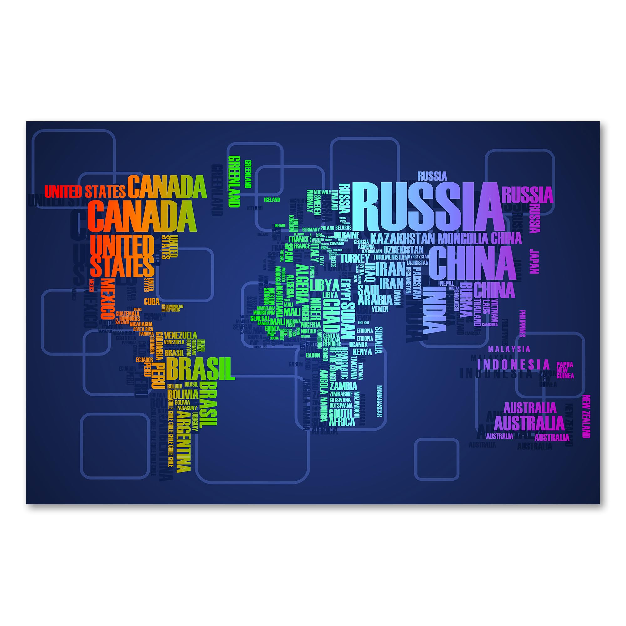 Postereck - 0925 - Moderne Schrift Welkarte, Bunt Länder Kontinente - Unterricht Klassenzimmer Schule Wandposter Fotoposter Bilder Wandbild Wandbilder - Leinwand - 100,0 cm x 75,0 cm