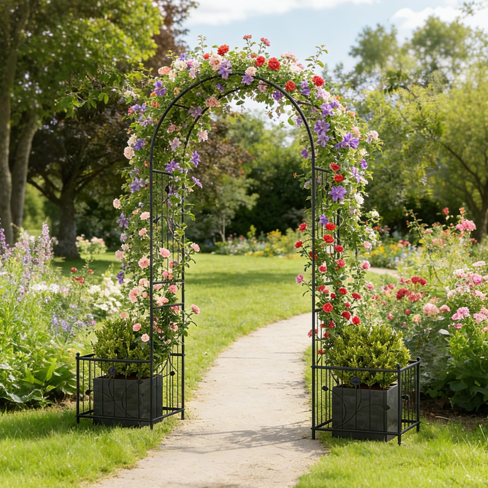 GYMAX Arche de Jardin avec 2 Jardinières, Treillis Métallique avec Pique pour Plantes Grimpantes & Rosiers, Arche de Rose avec bac à Fleurs, pour Mariage, Pelouse, Arrière-Cour