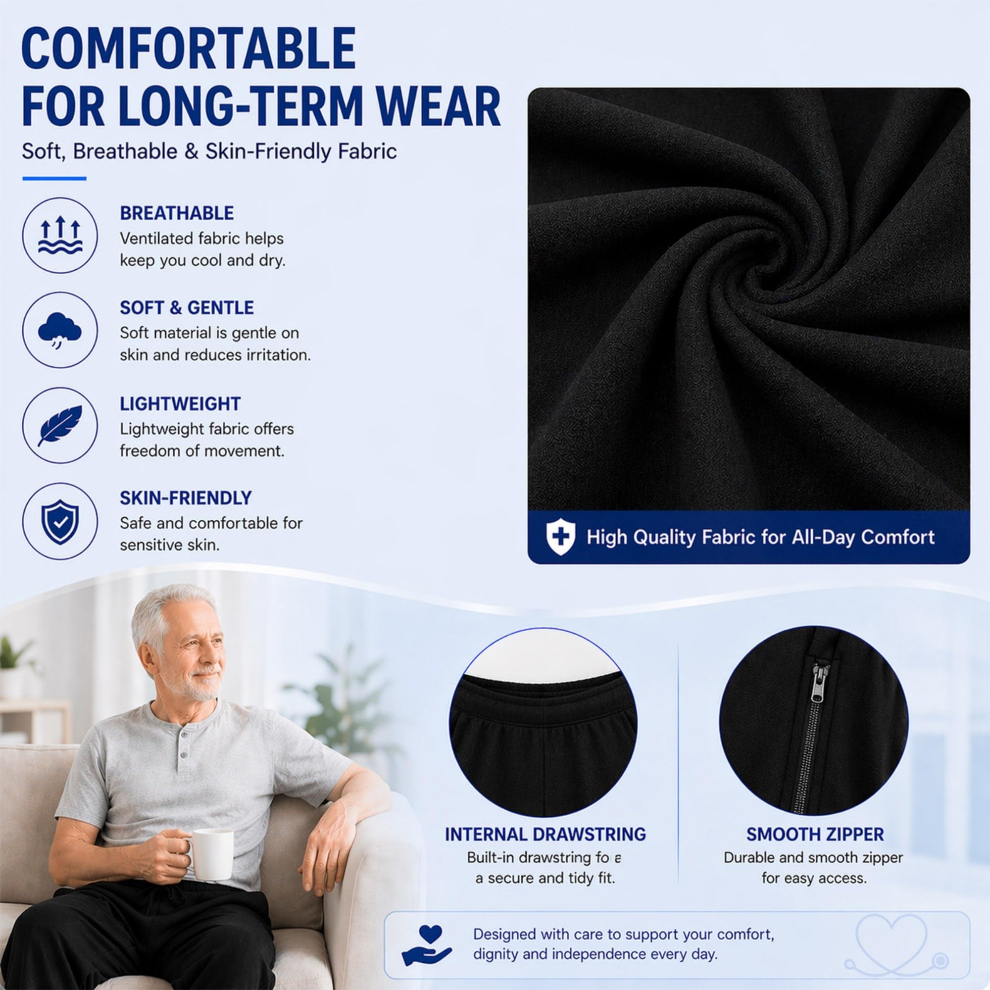 Pantaloni per Catetere per Uomo E Donna, Pantaloni per Sacca Urinaria in 100% Cotone con Due Tasche con Cerniera Nascosta, Pantaloni di Supporto per Nefrostomia Regolabili