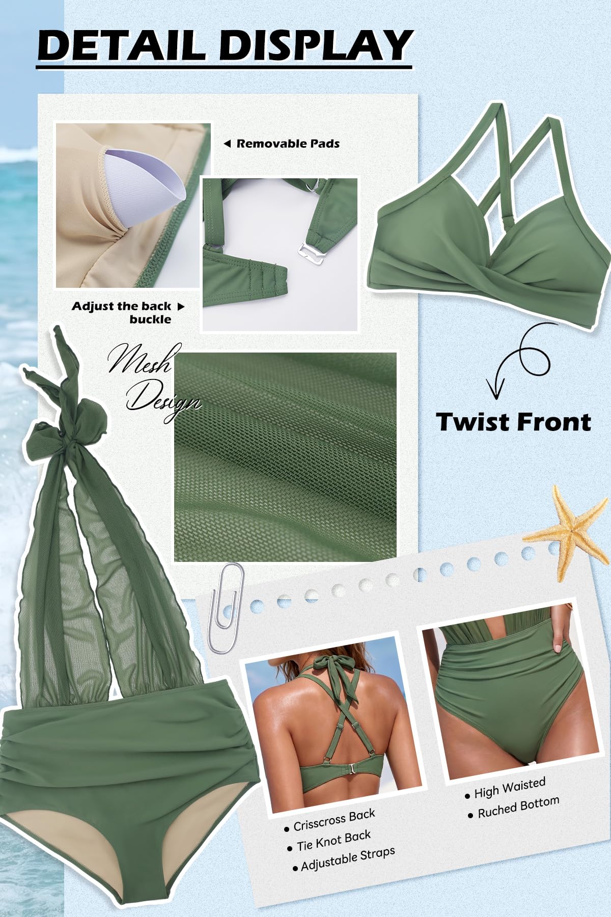 SHEKINI Mujeres Bikini Conjuntos Halter Cintura Alta Vientre Control Sexy Malla 2 Estilo Dos Piezas Traje de baño 2026