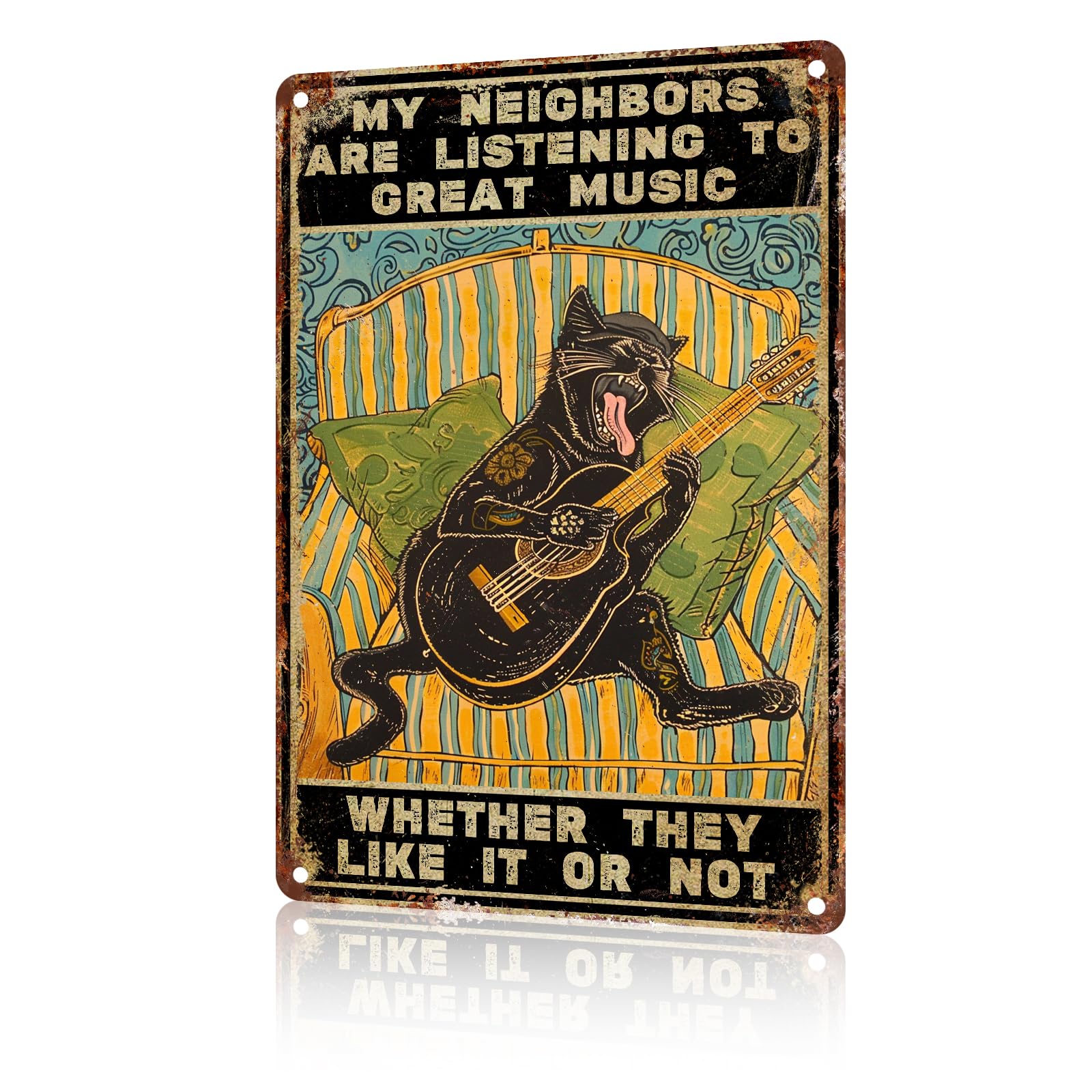 Anceky Funny Cat Decor Black Cat Guitar Rock Music My Neighbors Are Listening To Great Music Vintage Metal Signs Animal Tin Sign for Home Outdoor Wall Decor 8×12 Inch