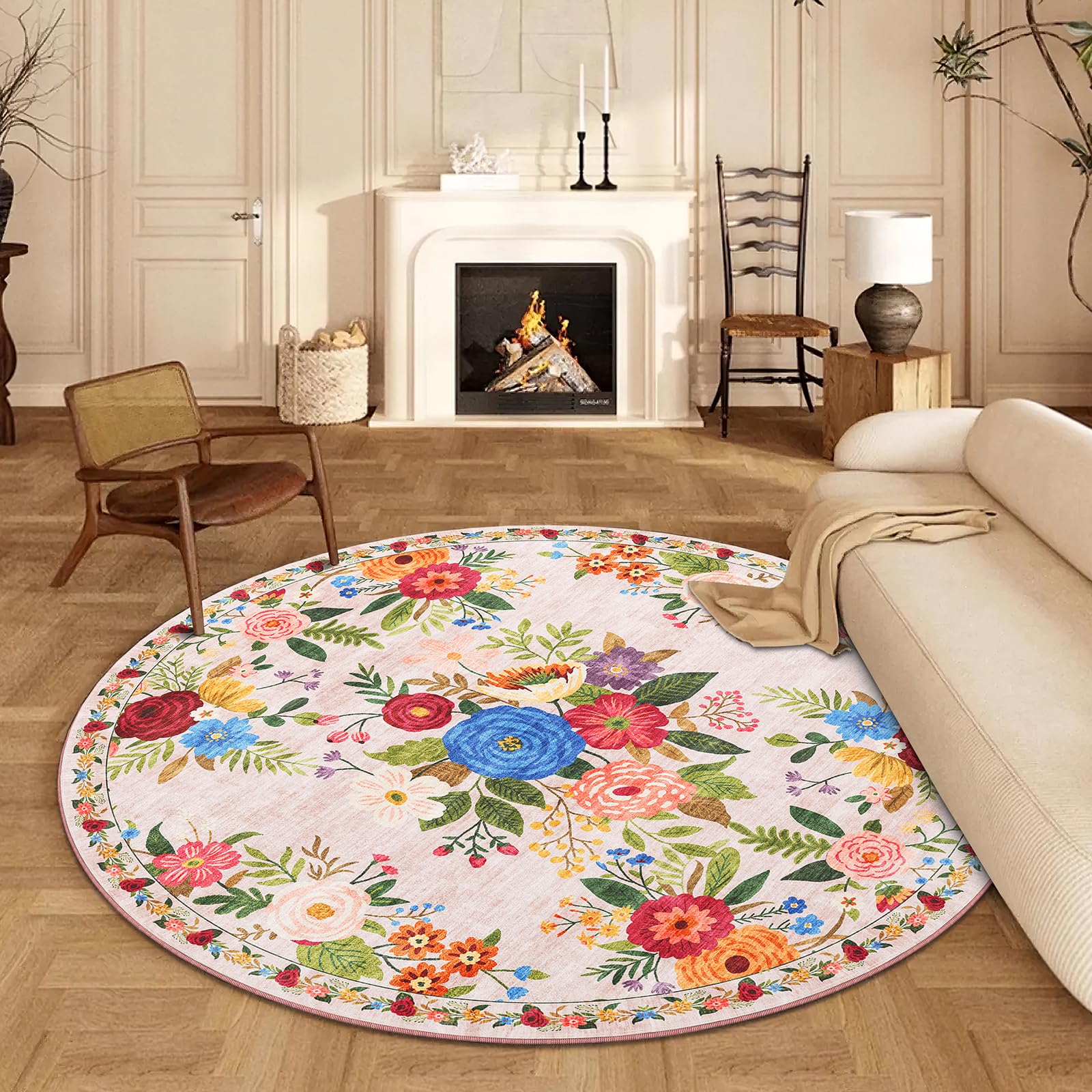 Tapis rond rose de 160 cm pour chambre à coucher et coin lecture doux