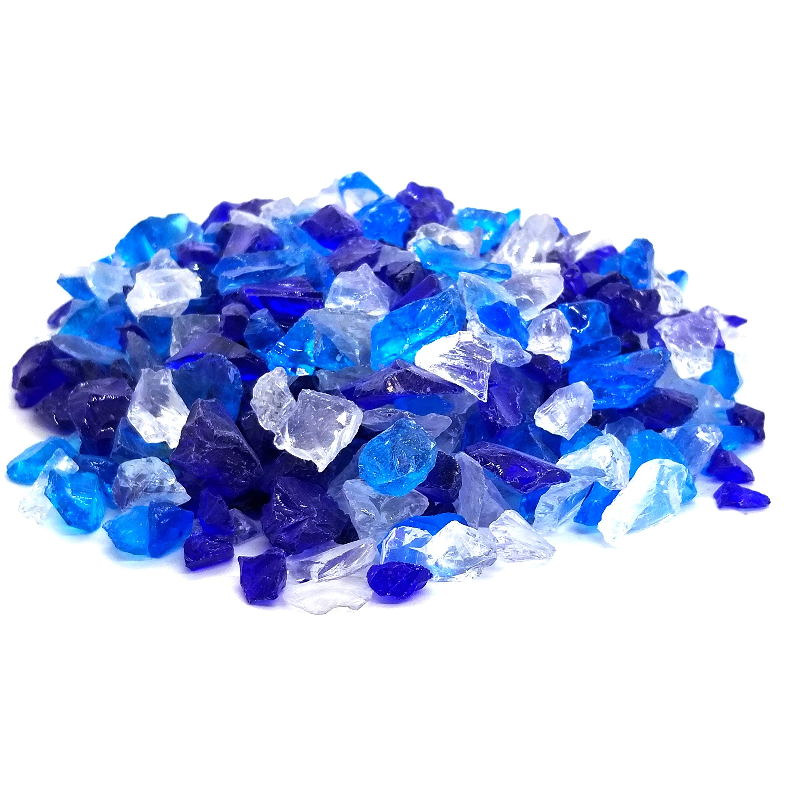 VIVID Heat (5-POUNDS Cobalt, Blue & Clear Blend - Premium Indoor & Outdoor Crushed Fire Glass Rock Large 1/2, 3/4 & 1" inch Chunky Size - Glass for Use in Gas Fire Pit, Fireplace (Stellar Blend)