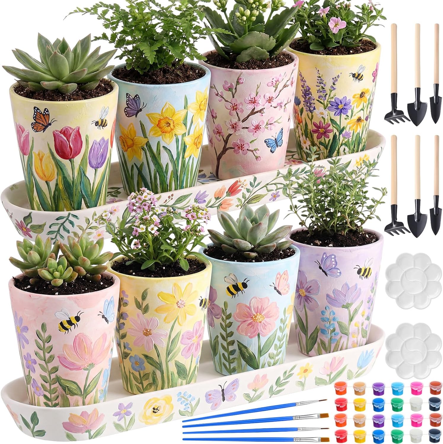Zubebe 26 Pcs Plant Growing Kit, Paint Your Own Ceramic Planter Pots, Easter Spring Craft with Ceramic Pots, Tray, DIY Gardening Tools Painting Supplies Birthday Gift Home Decor